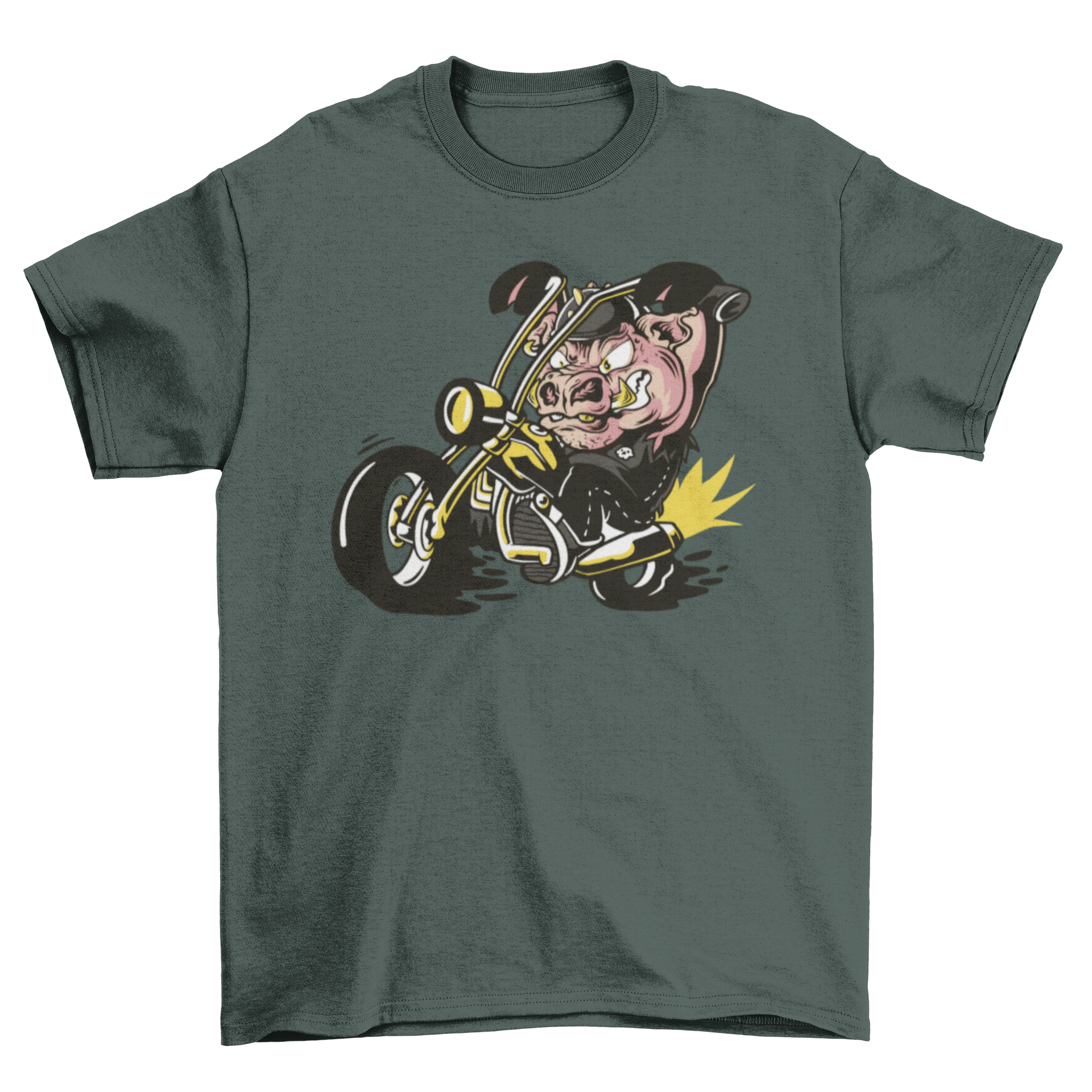 A playful t-shirt featuring a cartoon pig riding a motorcycle, showcasing a fun and unique design.