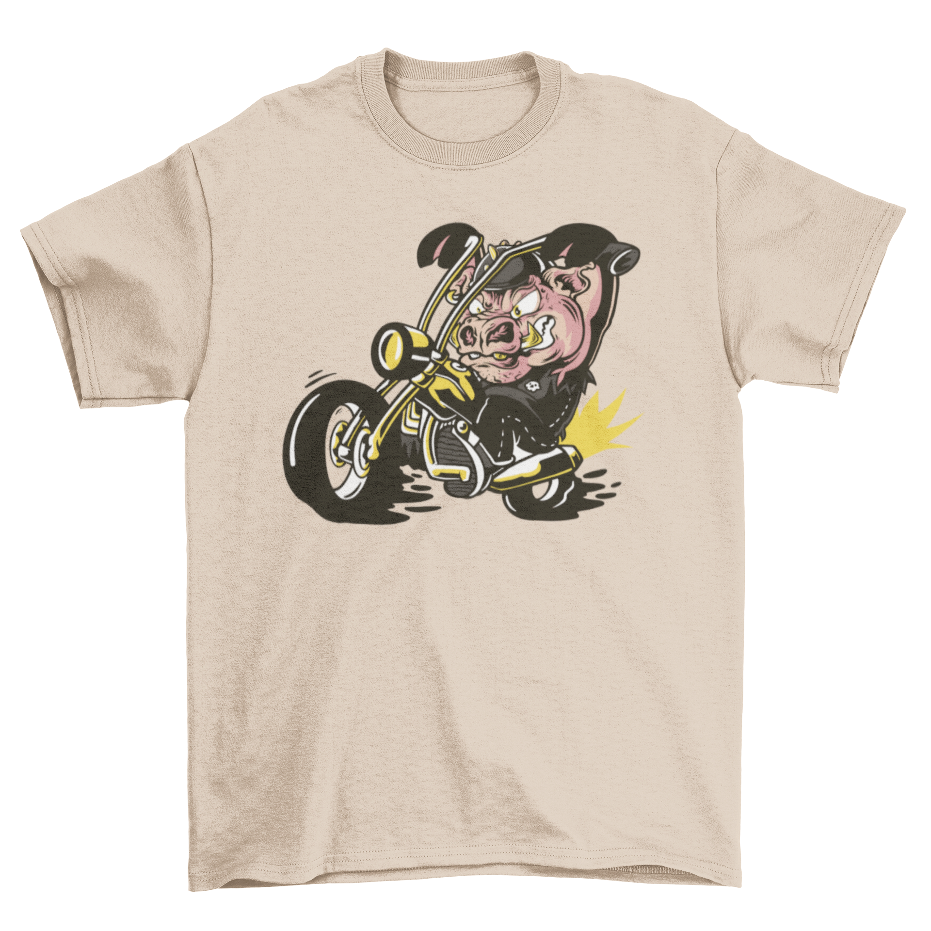 A playful t-shirt featuring a cartoon pig riding a motorcycle, showcasing a fun and unique design.