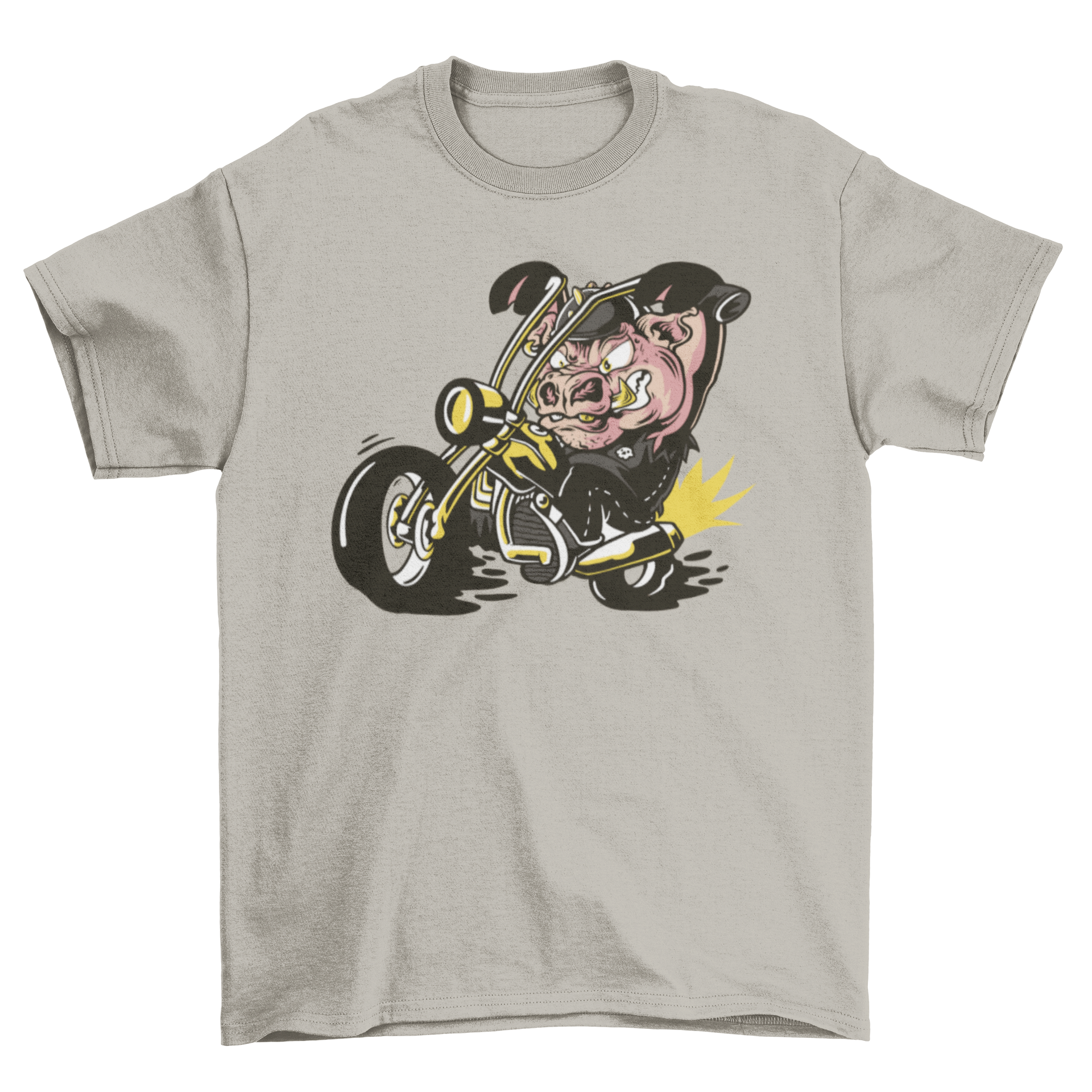 A playful t-shirt featuring a cartoon pig riding a motorcycle, showcasing a fun and unique design.