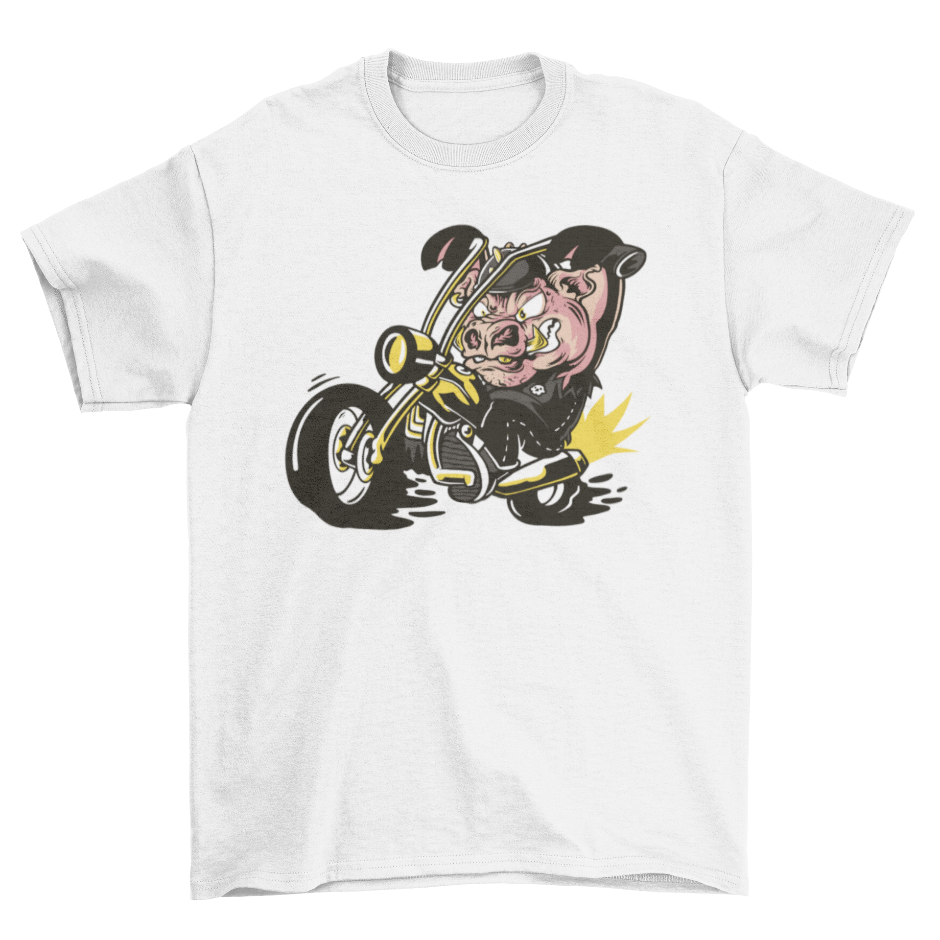 A playful t-shirt featuring a cartoon pig riding a motorcycle, showcasing a fun and unique design.