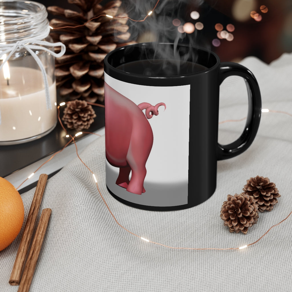 A stylish 11oz black ceramic mug with rounded corners and a comfortable C-handle, perfect for beverages.