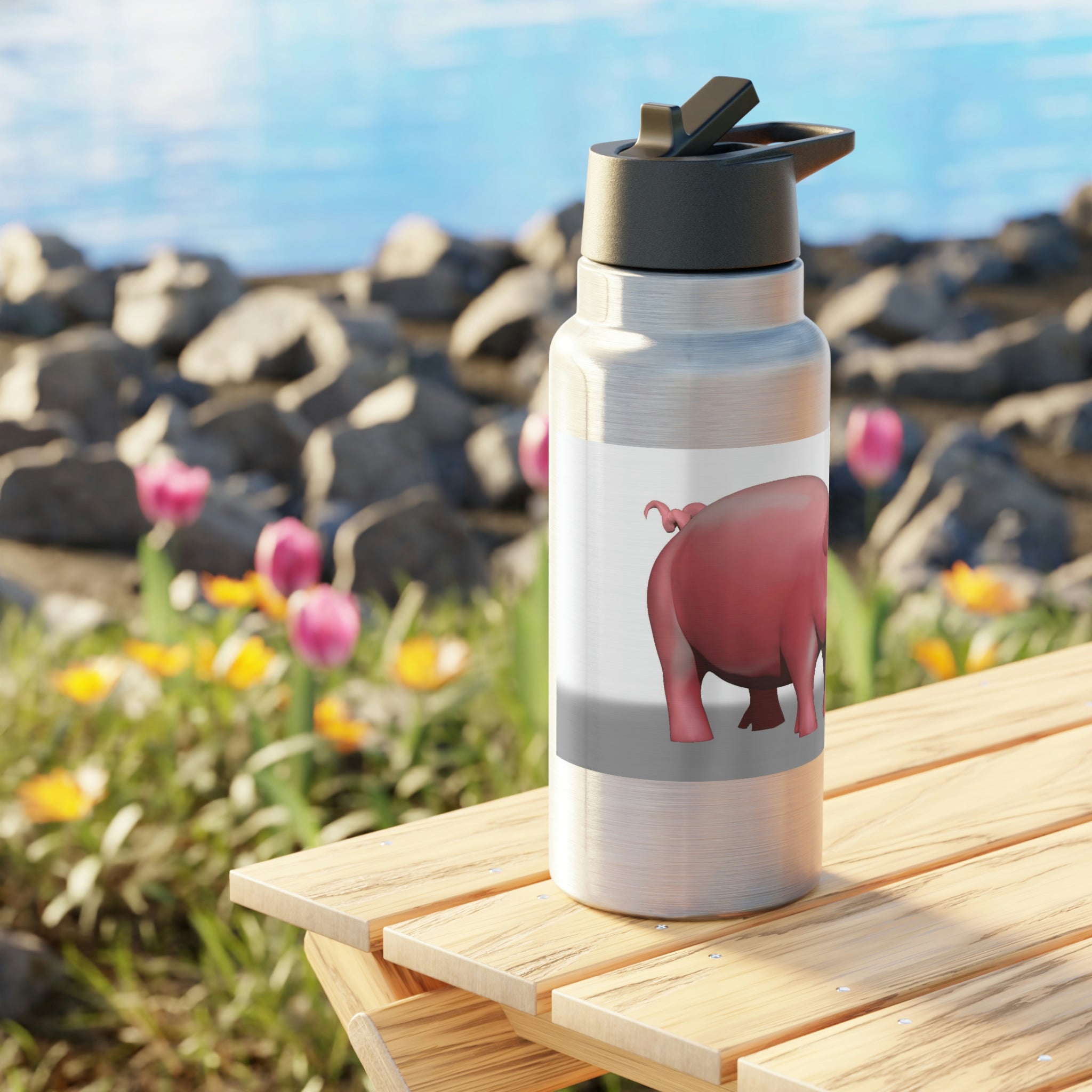 Pig Gator Tumbler, 32oz, stainless steel with a custom design and plastic straw.
