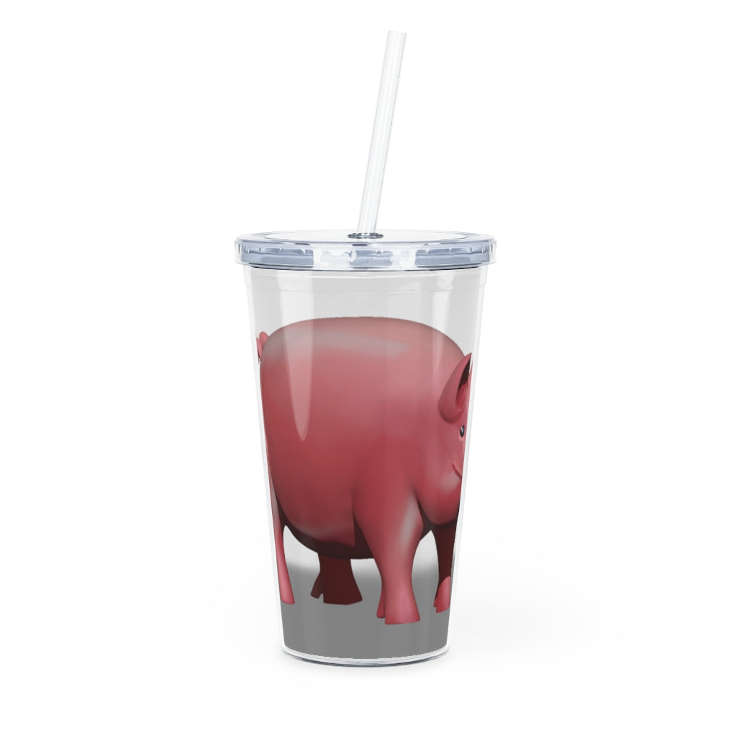 A colorful Pig Plastic Tumbler with a straw, showcasing its customizable design and double wall insulation.