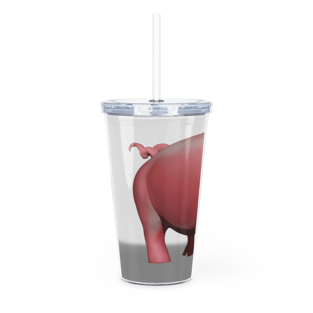 A colorful Pig Plastic Tumbler with a straw, showcasing its customizable design and double wall insulation.