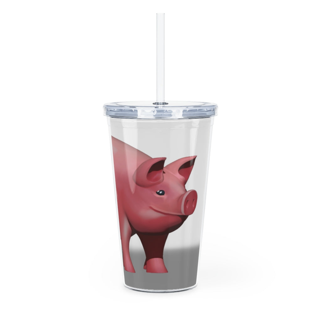 A colorful Pig Plastic Tumbler with a straw, showcasing its customizable design and double wall insulation.