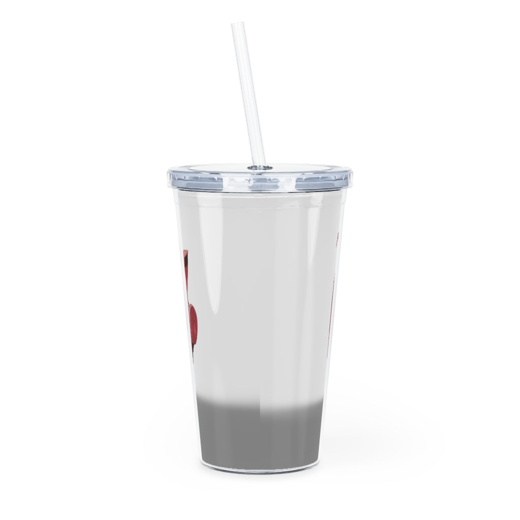 A colorful Pig Plastic Tumbler with a straw, showcasing its customizable design and double wall insulation.