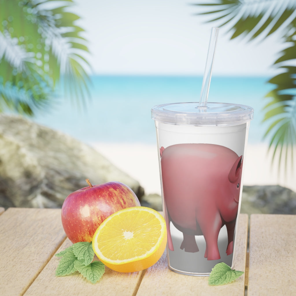 A colorful Pig Plastic Tumbler with a straw, showcasing its customizable design and double wall insulation.