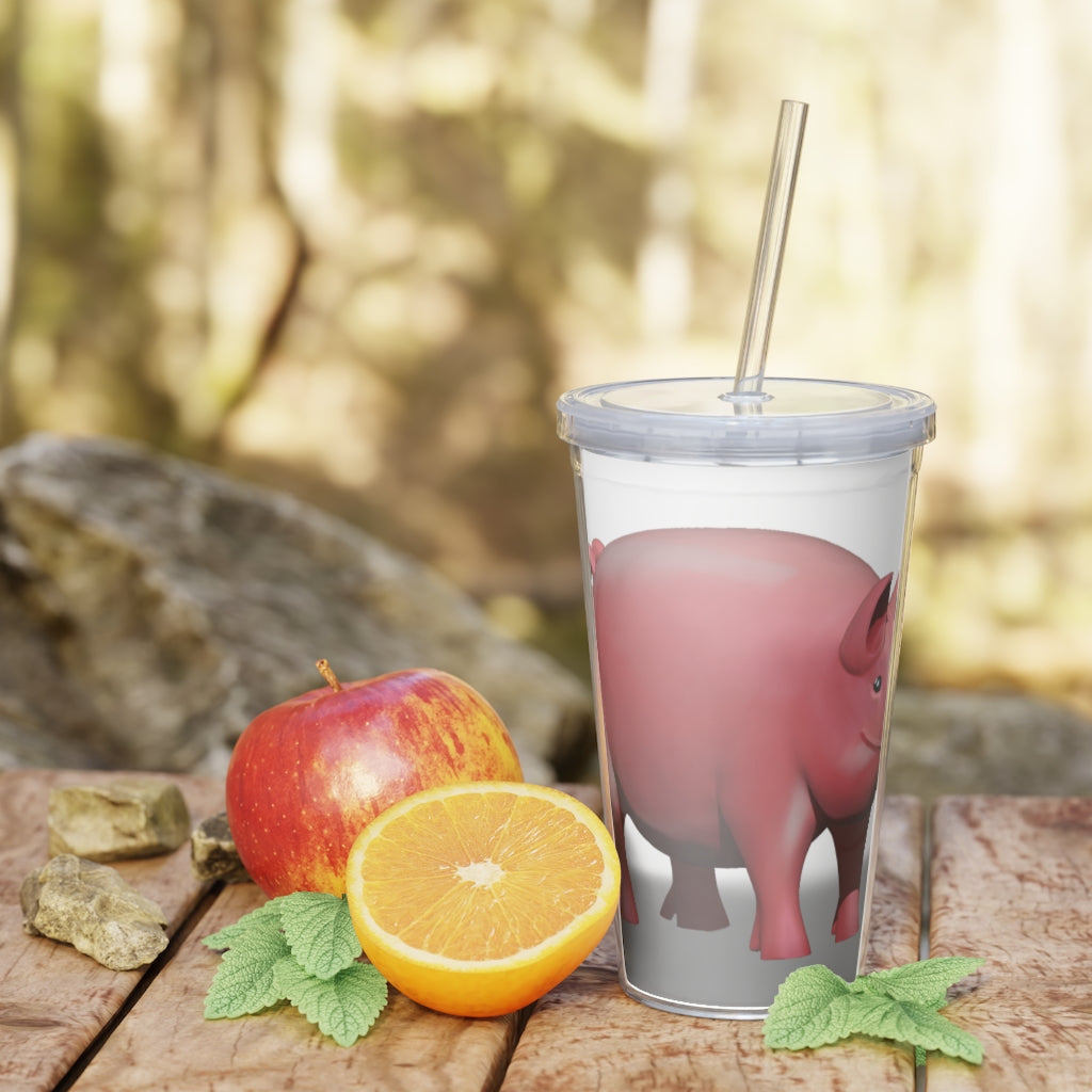 A colorful Pig Plastic Tumbler with a straw, showcasing its customizable design and double wall insulation.