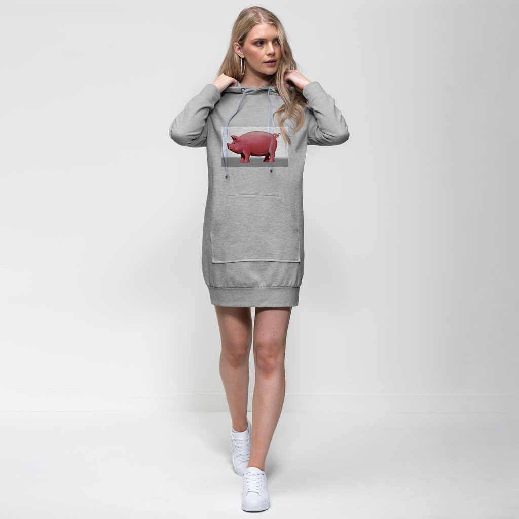 Pig Premium Adult Hoodie Dress featuring a relaxed fit, hood with drawstring, and kangaroo pouch pocket, made from soft cotton blend fabric.