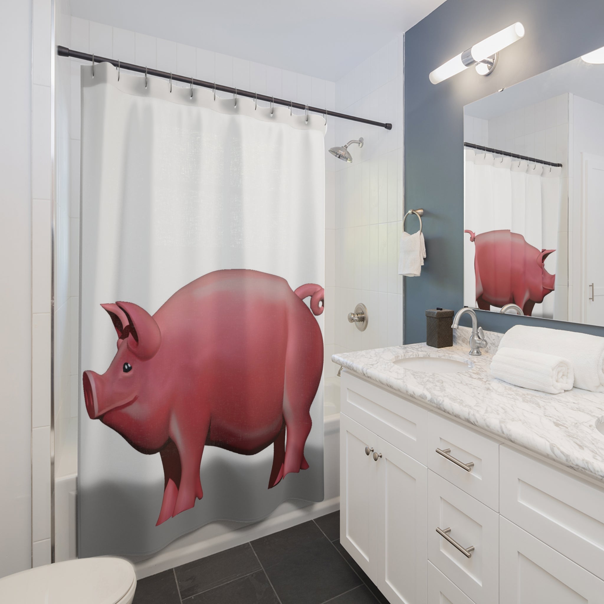 Colorful Pig Shower Curtain made of durable polyester, featuring a whimsical pig design, perfect for adding charm to any bathroom.