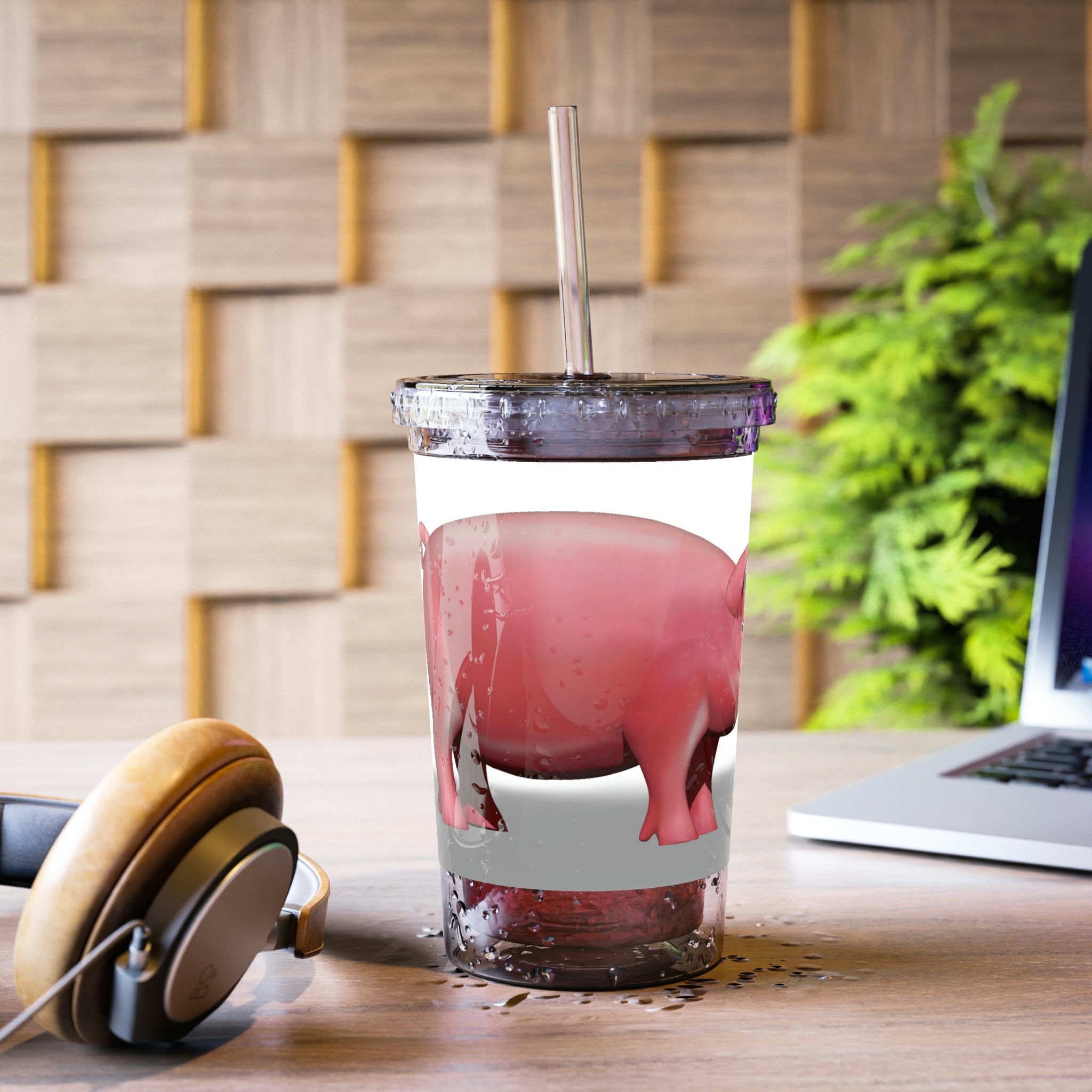 Pig Suave Acrylic Cup in stainless steel with a black plastic cap and straw, showcasing a sleek design for stylish hydration.