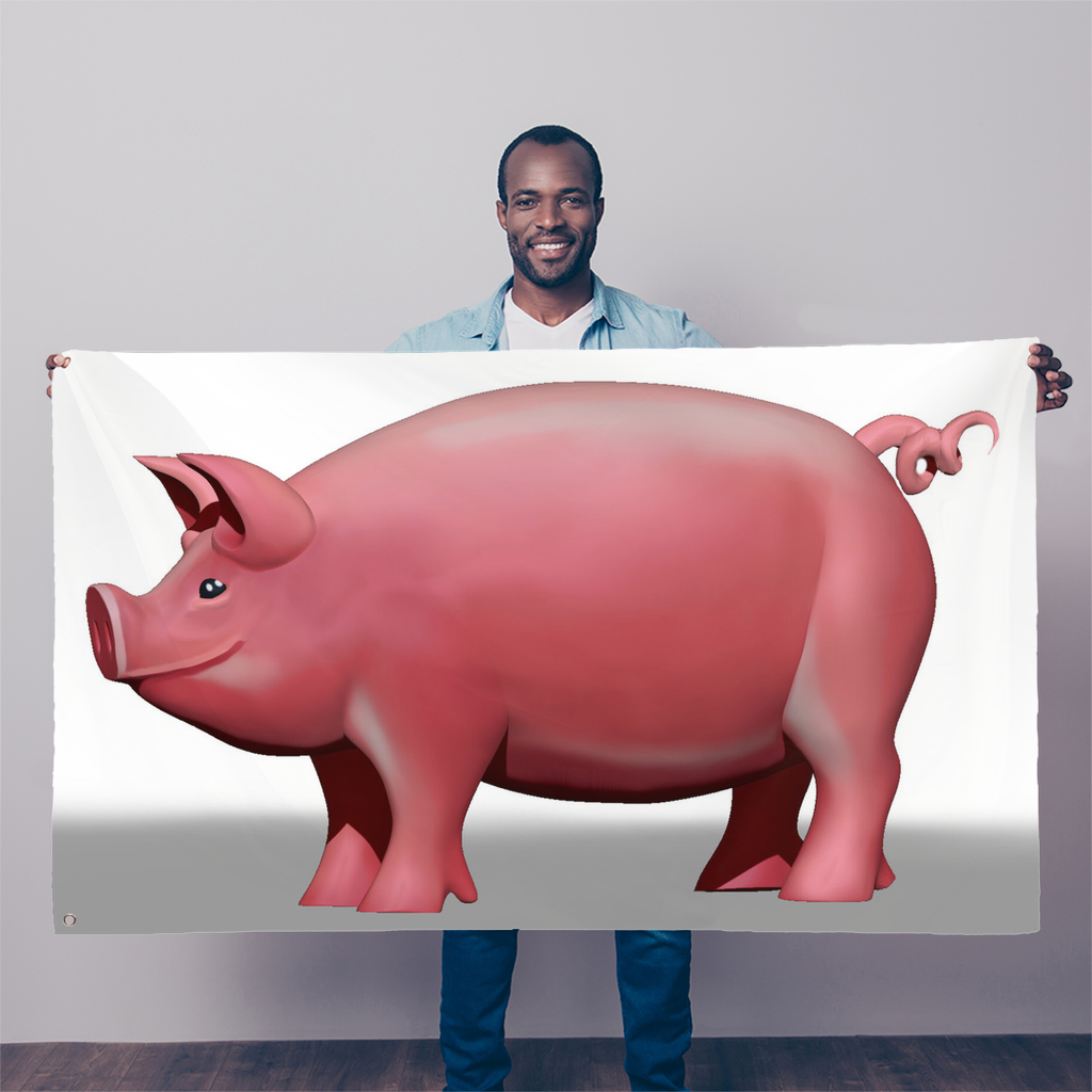 A vibrant Pig Sublimation Flag measuring 5FT x 3FT, made of durable polyester fabric with double-stitched edges and two eyelets for hanging.