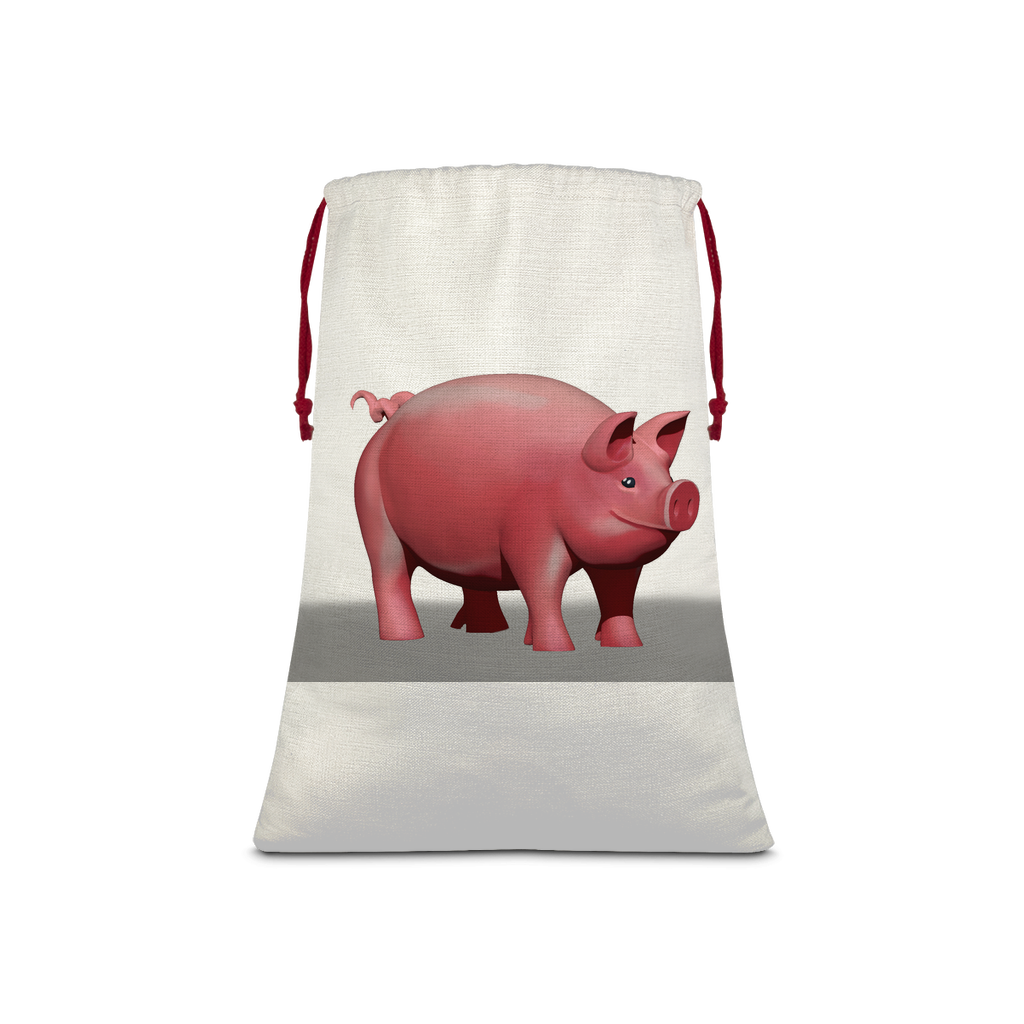 Pig Sublimation Linen Drawstring Sack with red drawstring, featuring eco-friendly print, ideal for Christmas gifts and laundry.