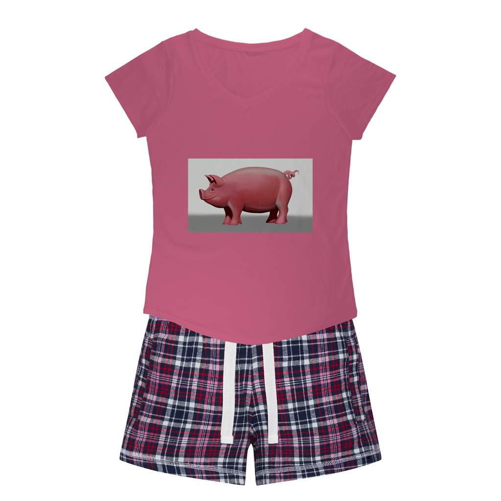 Pig Women's Sleepy Tee and Flannel Short set featuring a relaxed fit T-shirt and vibrant flannel shorts, perfect for cozy nights.