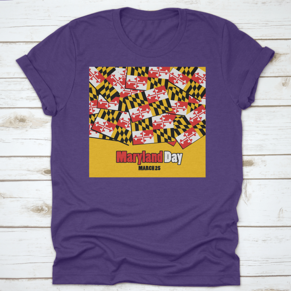 A stylish t-shirt featuring the Maryland state flag with bold typography, made from 100% cotton for comfort.