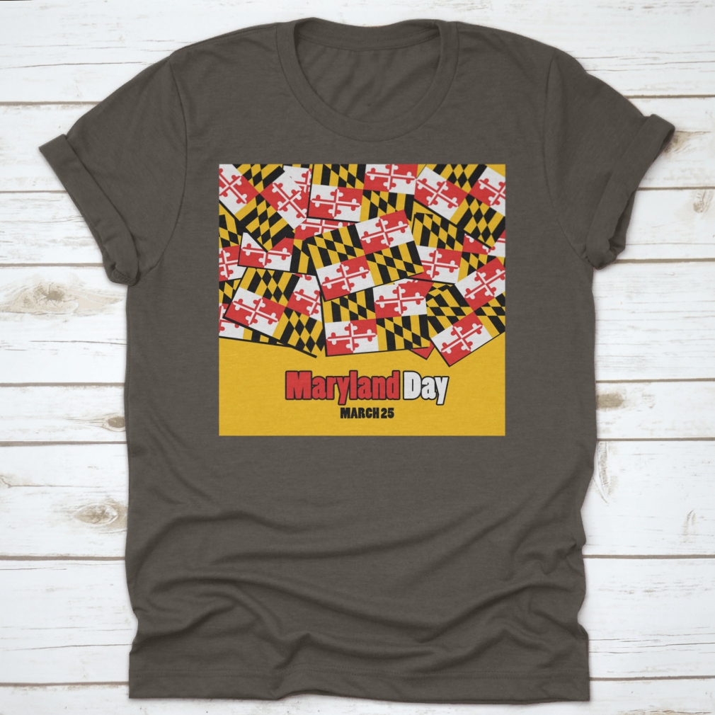 A stylish t-shirt featuring the Maryland state flag with bold typography, made from 100% cotton for comfort.