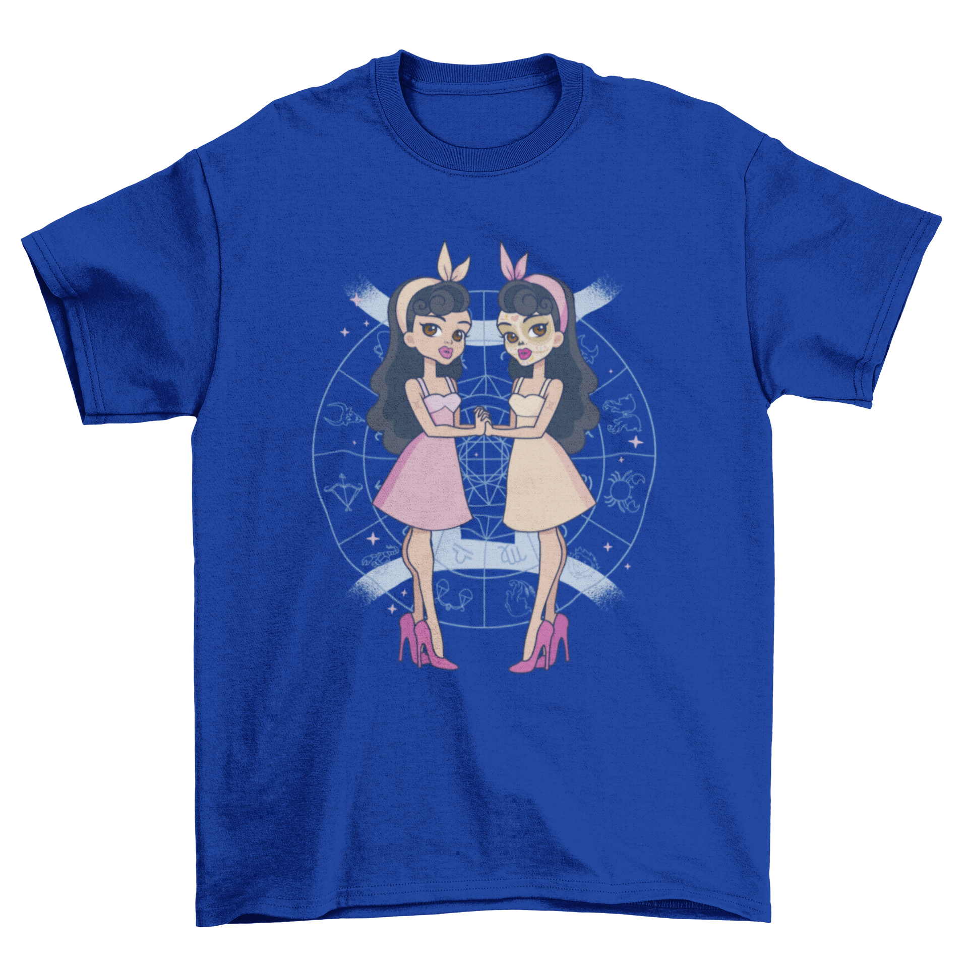 Gemini zodiac t-shirt featuring pin-up twin girls design, showcasing vibrant colors and stylish graphics.