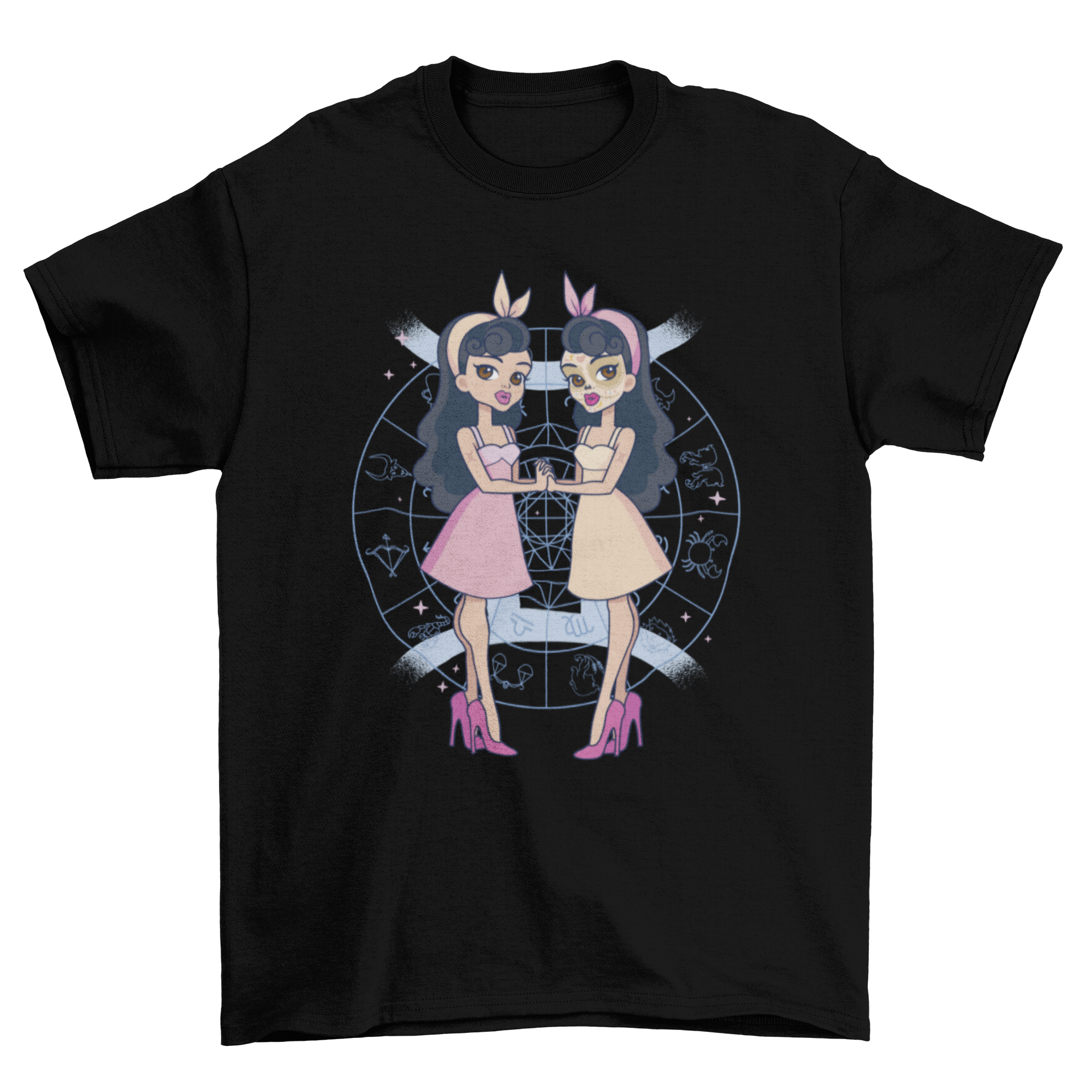 Gemini zodiac t-shirt featuring pin-up twin girls design, showcasing vibrant colors and stylish graphics.