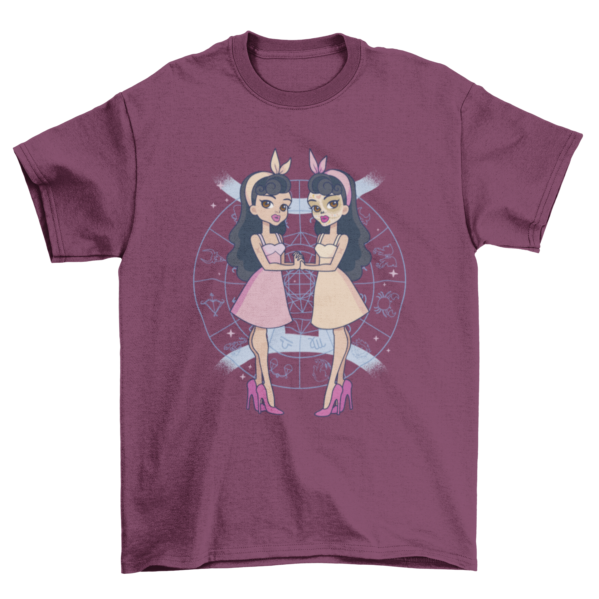 Gemini zodiac t-shirt featuring pin-up twin girls design, showcasing vibrant colors and stylish graphics.