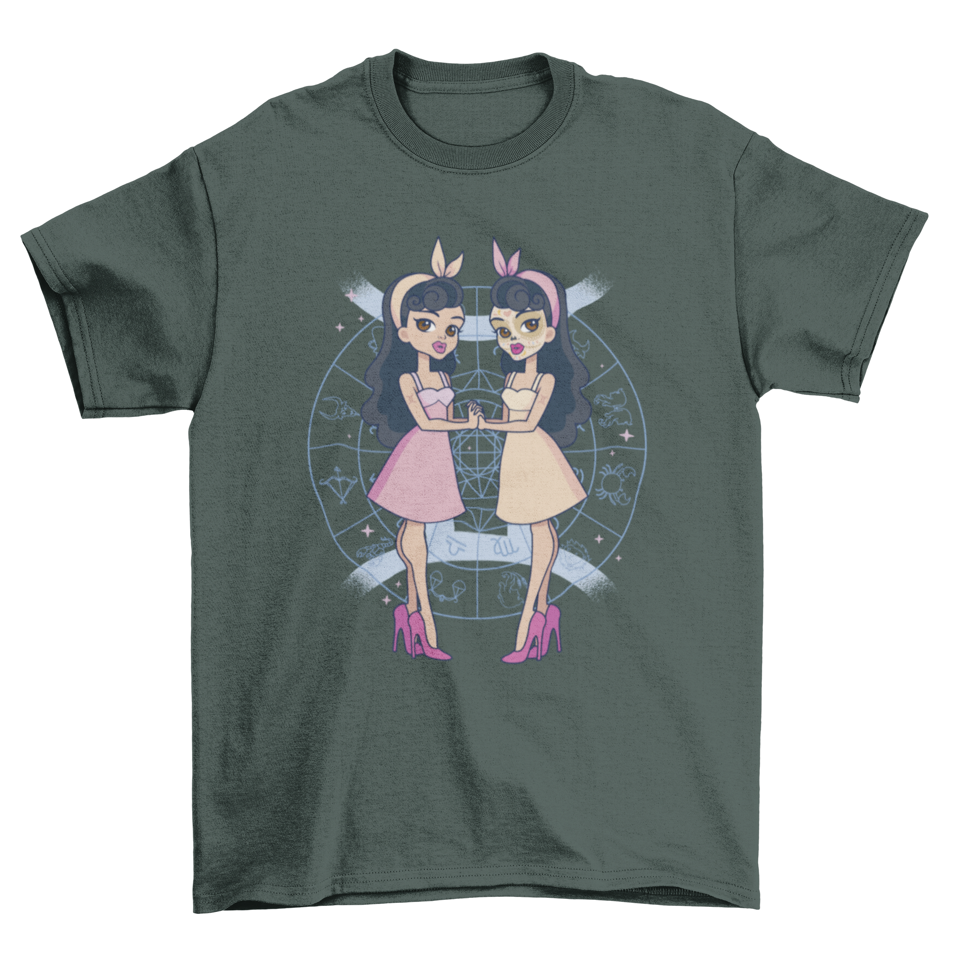 Gemini zodiac t-shirt featuring pin-up twin girls design, showcasing vibrant colors and stylish graphics.