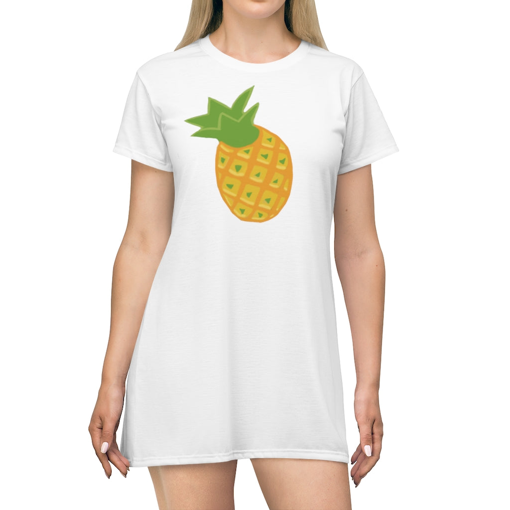 A vibrant Pineapple All Over Print T-Shirt Dress featuring a fun pineapple pattern on a lightweight fabric.