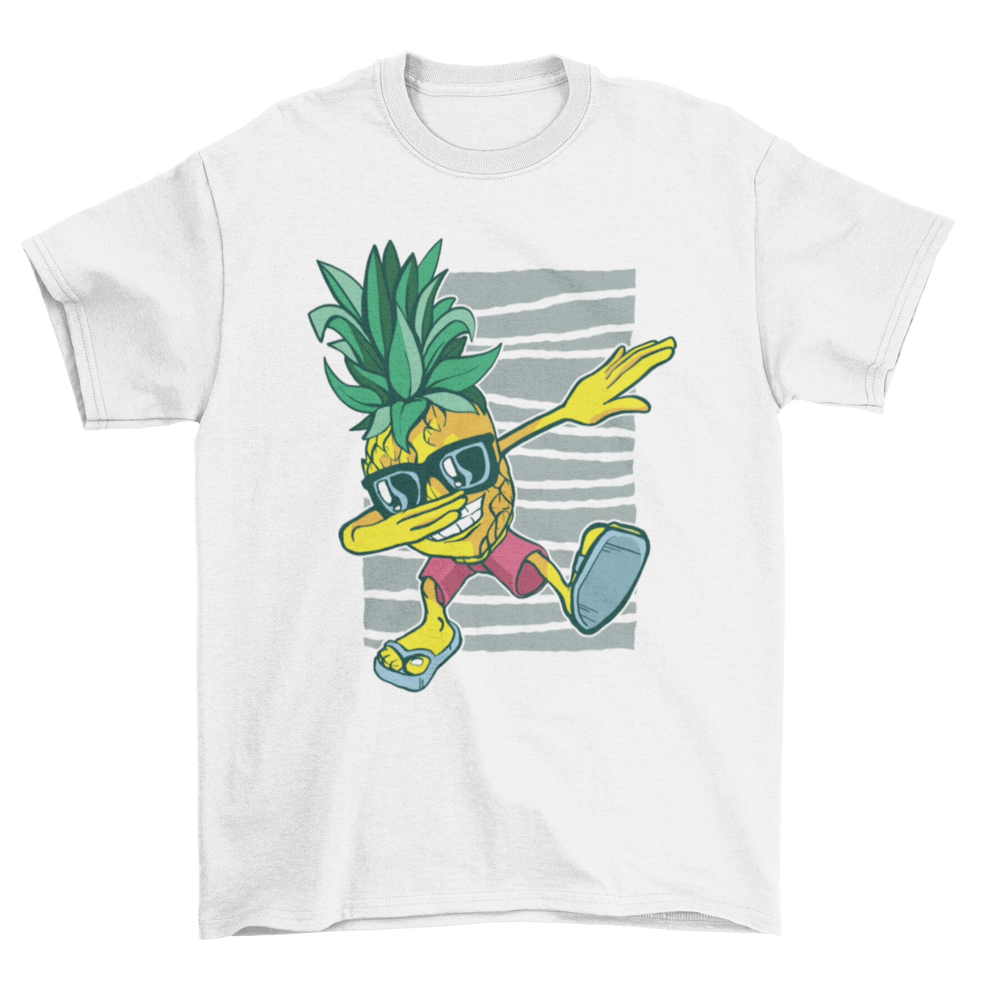 A colorful Pineapple Dabbing T-Shirt featuring a pineapple in beach attire with flip flops, shorts, and sunglasses performing the dab dance.