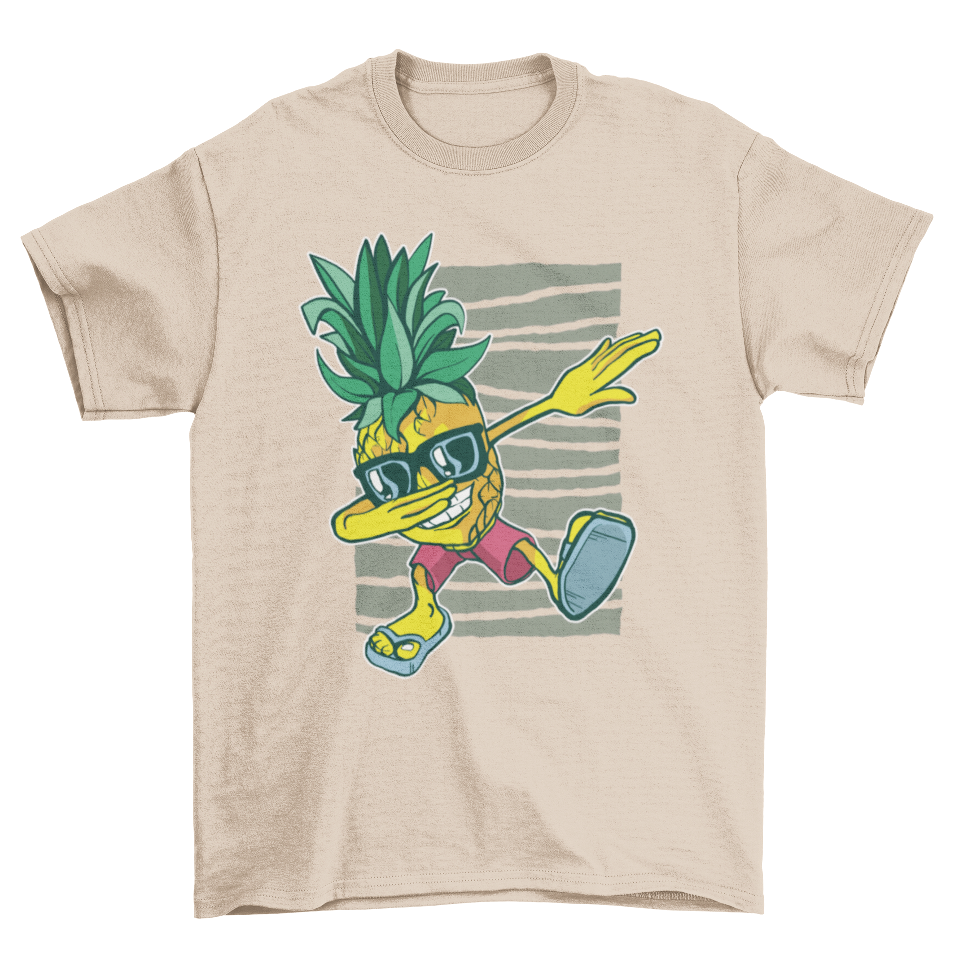 A colorful Pineapple Dabbing T-Shirt featuring a pineapple in beach attire with flip flops, shorts, and sunglasses performing the dab dance.
