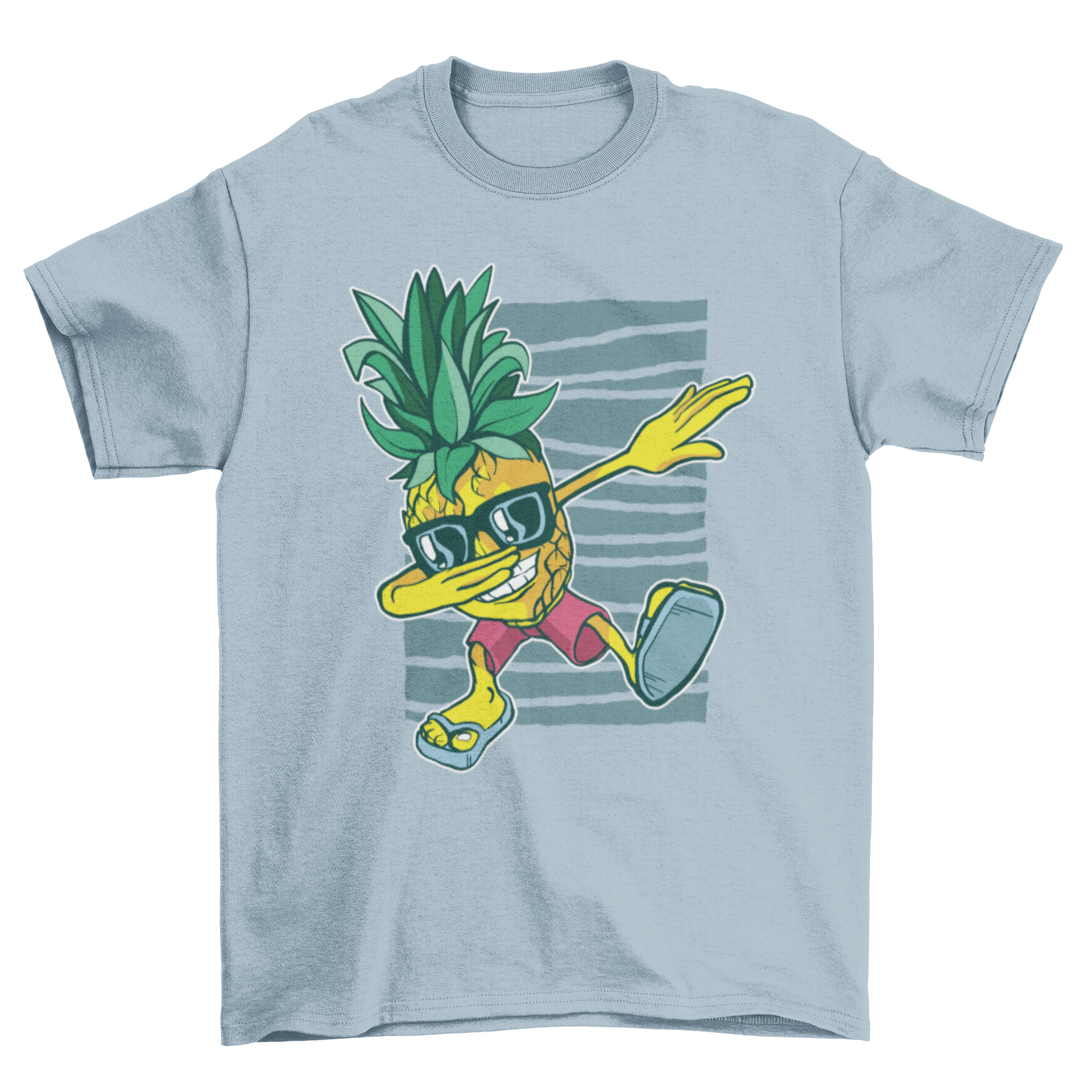 A colorful Pineapple Dabbing T-Shirt featuring a pineapple in beach attire with flip flops, shorts, and sunglasses performing the dab dance.