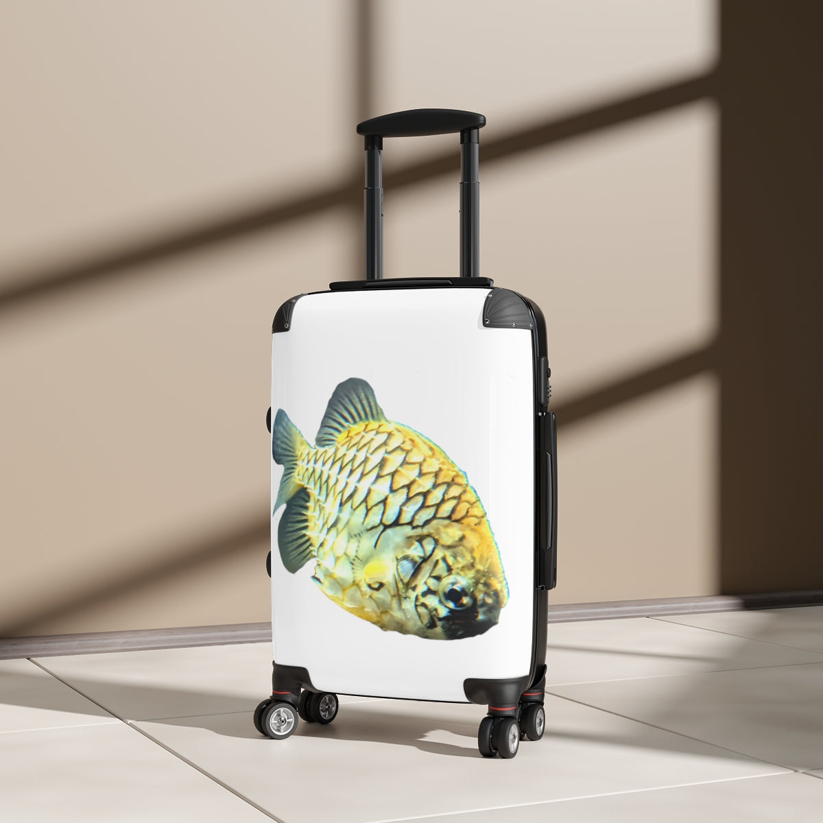 A stylish Pineapple Fish Cabin Suitcase featuring a vibrant design, lightweight construction, and durable hard-shell material.