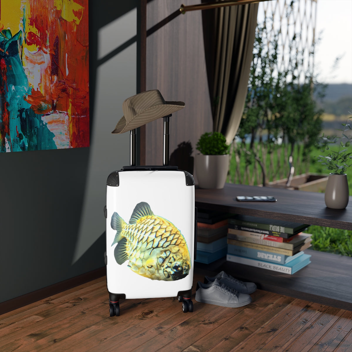 A stylish Pineapple Fish Cabin Suitcase featuring a vibrant design, lightweight construction, and durable hard-shell material.
