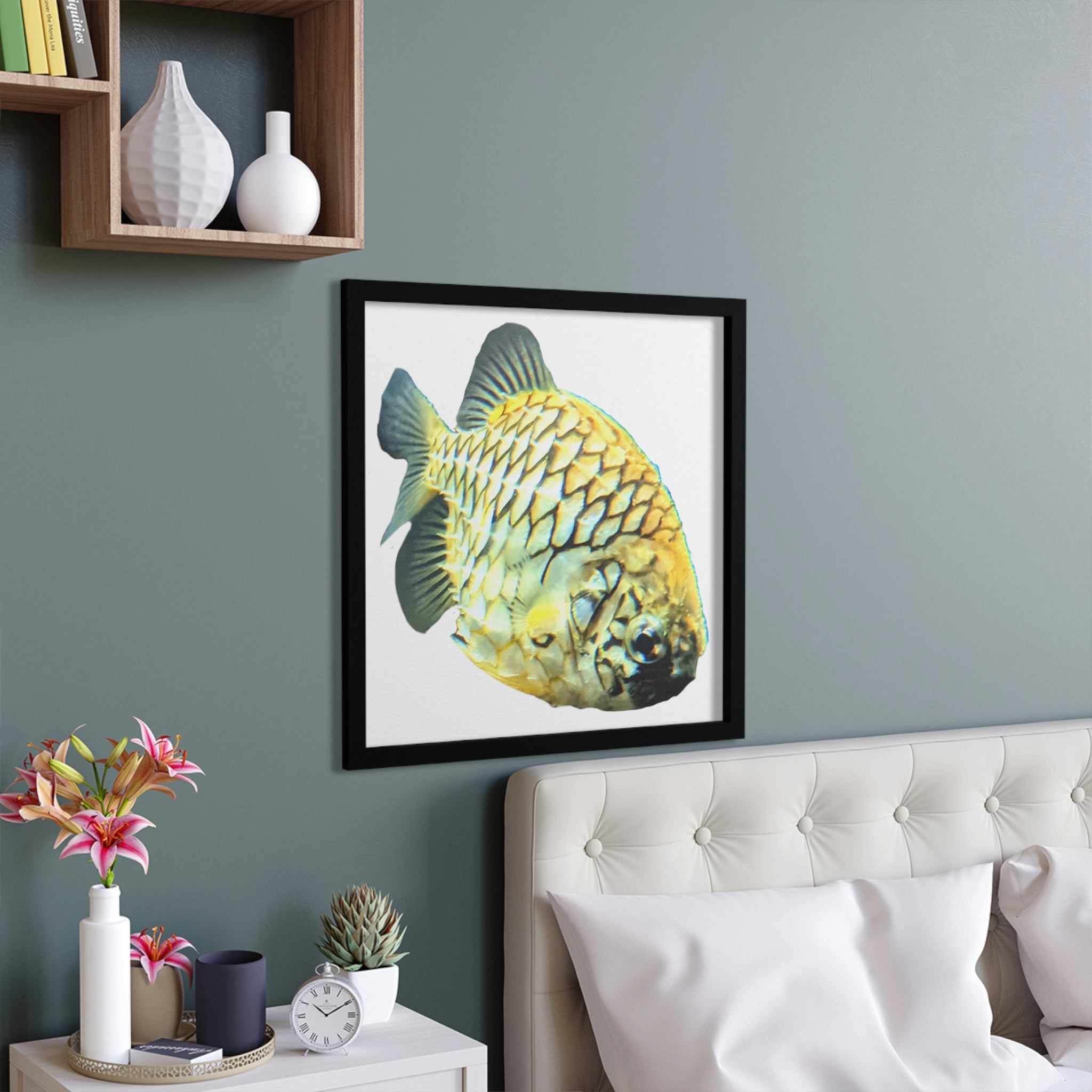 A vibrant Pineapple Fish Framed Poster with a hand-crafted wooden frame, showcasing colorful artwork suitable for home decor.
