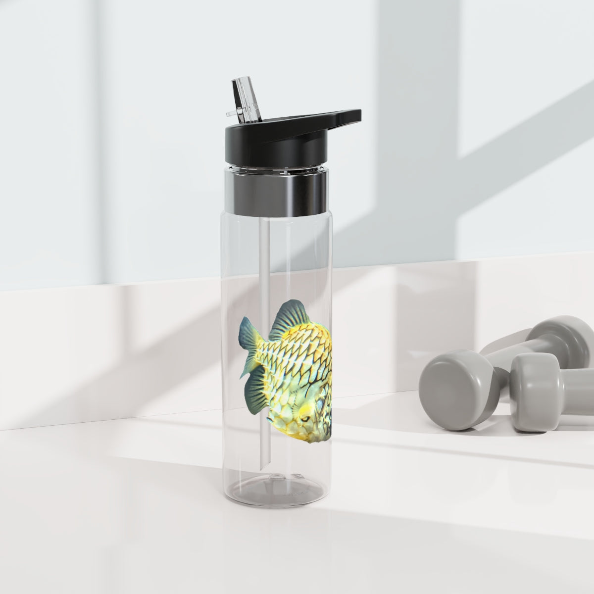 Pineapple Fish Kensington Tritan™ Sport Bottle, 20oz, featuring a vibrant design, screw-on lid, and carabiner hook for easy attachment.