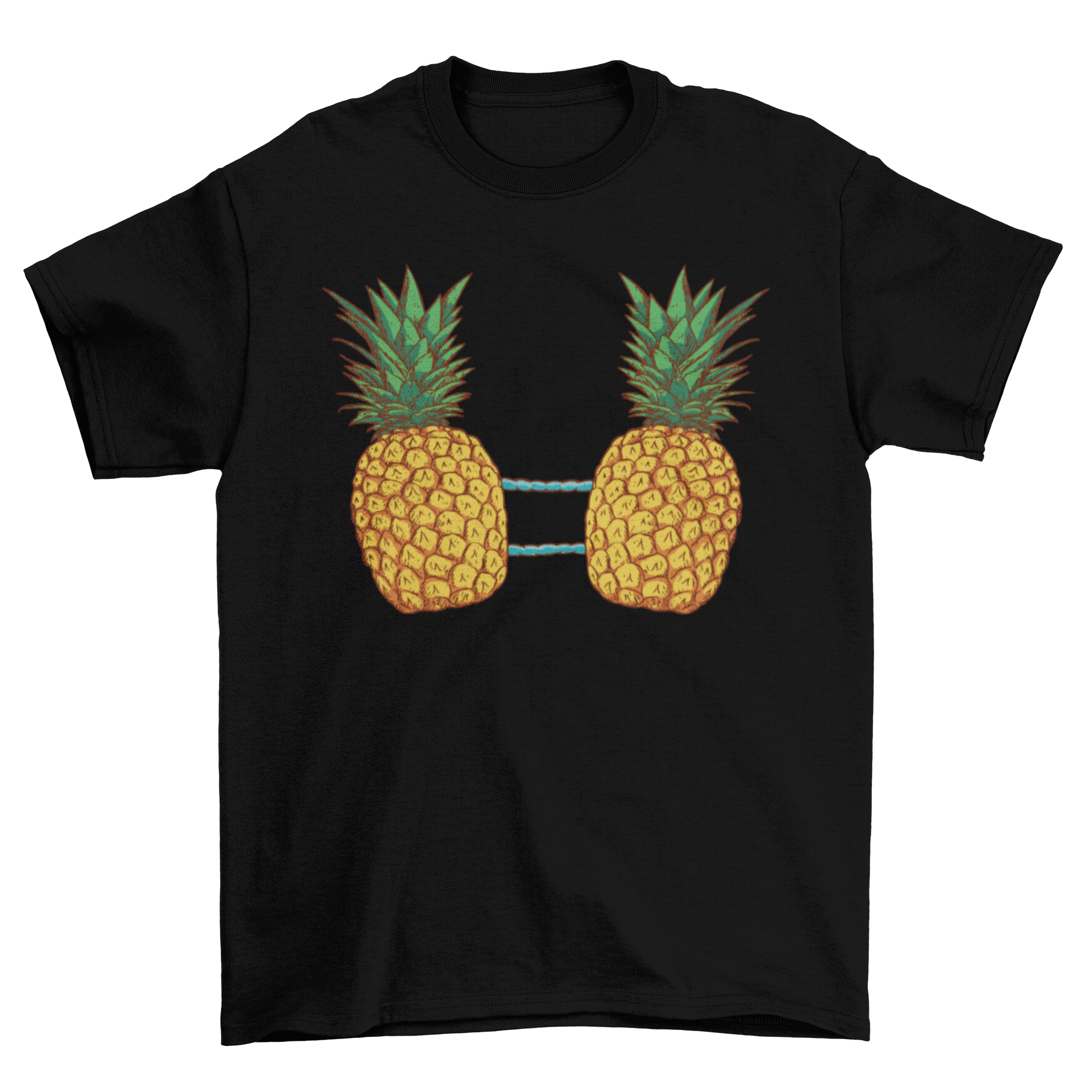 A vibrant t-shirt featuring a bikini top design made of pineapples, perfect for summer wear.