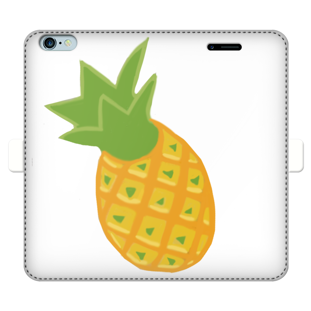 Pineapple Fully Printed Wallet Case featuring vibrant pineapple design on white faux leather, with a black interior and magnetic closure.