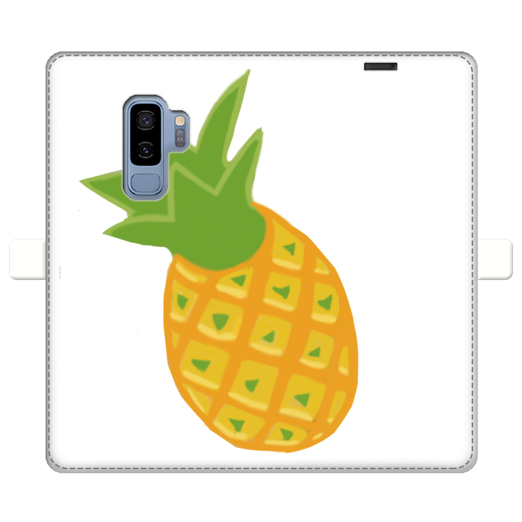 Pineapple Fully Printed Wallet Case featuring vibrant pineapple design on white faux leather, with a black interior and magnetic closure.