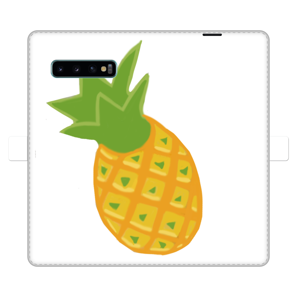 Pineapple Fully Printed Wallet Case featuring vibrant pineapple design on white faux leather, with a black interior and magnetic closure.