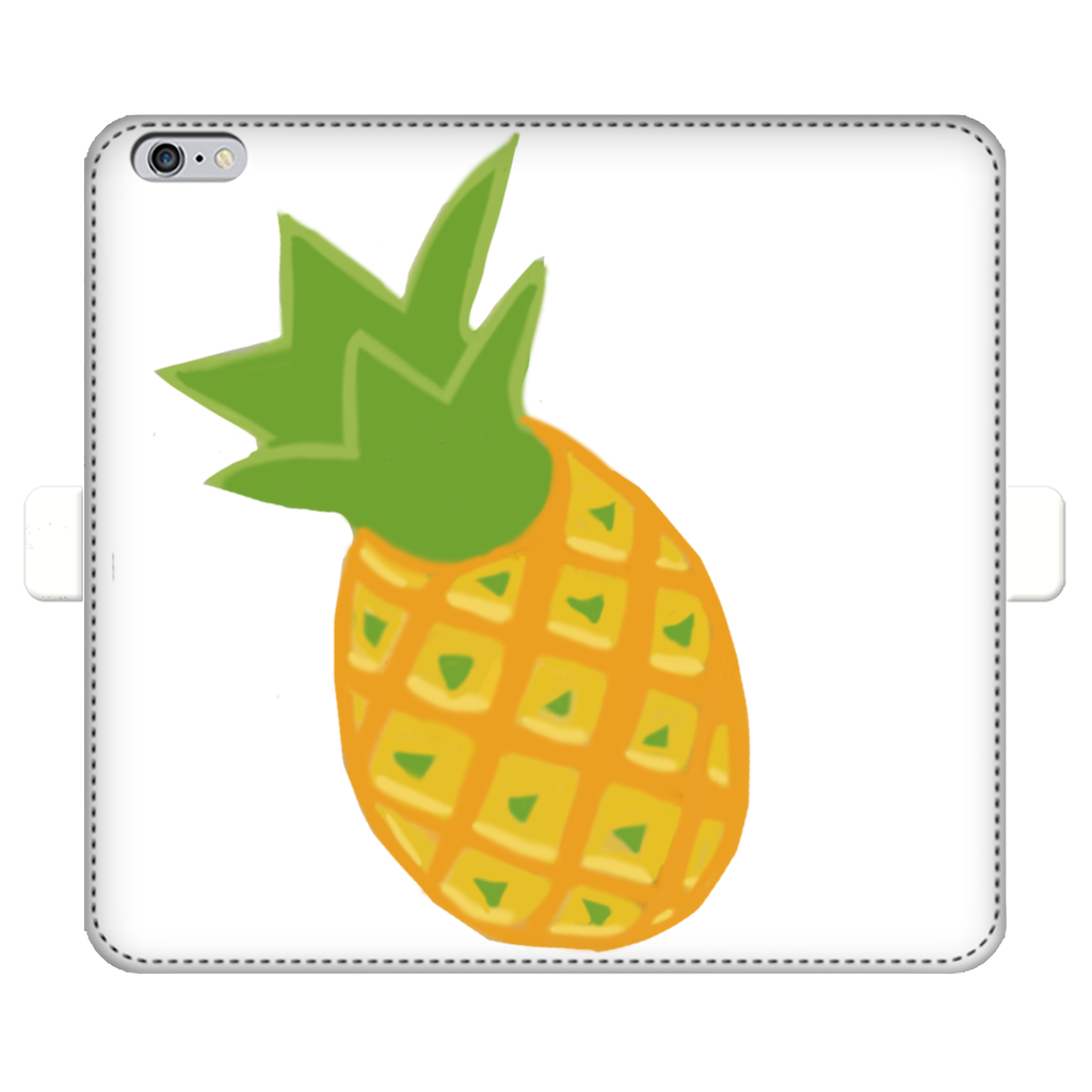 Pineapple Fully Printed Wallet Case featuring vibrant pineapple design on white faux leather, with a black interior and magnetic closure.