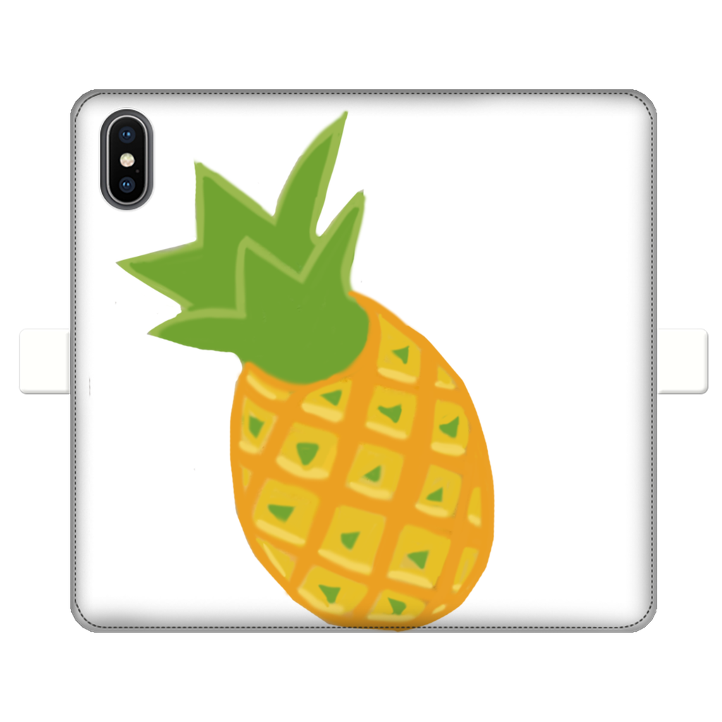 Pineapple Fully Printed Wallet Case featuring vibrant pineapple design on white faux leather, with a black interior and magnetic closure.