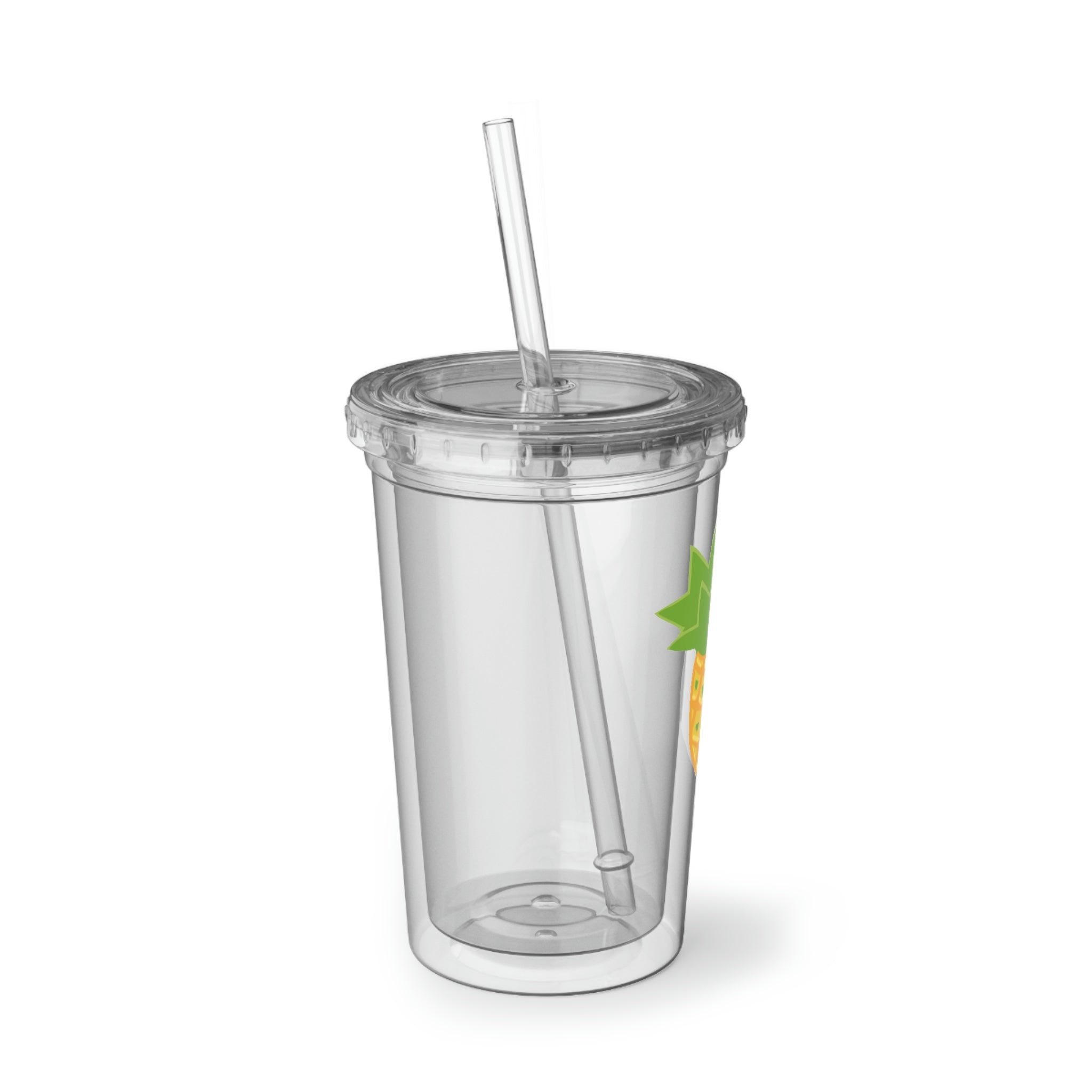 Pineapple Suave Acrylic Cup with stainless steel body and black plastic cap, featuring a vibrant design and included straw.
