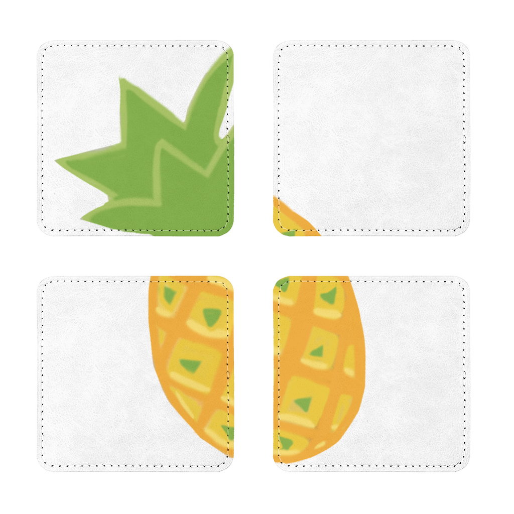 Pack of four pineapple sublimation coasters made from PU leather, featuring a white printable face and white stitching.