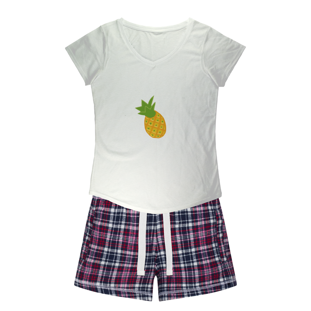 Pineapple Women's Sleepy Tee and Flannel Short set featuring a relaxed fit T-shirt and colorful flannel shorts, perfect for cozy nights.