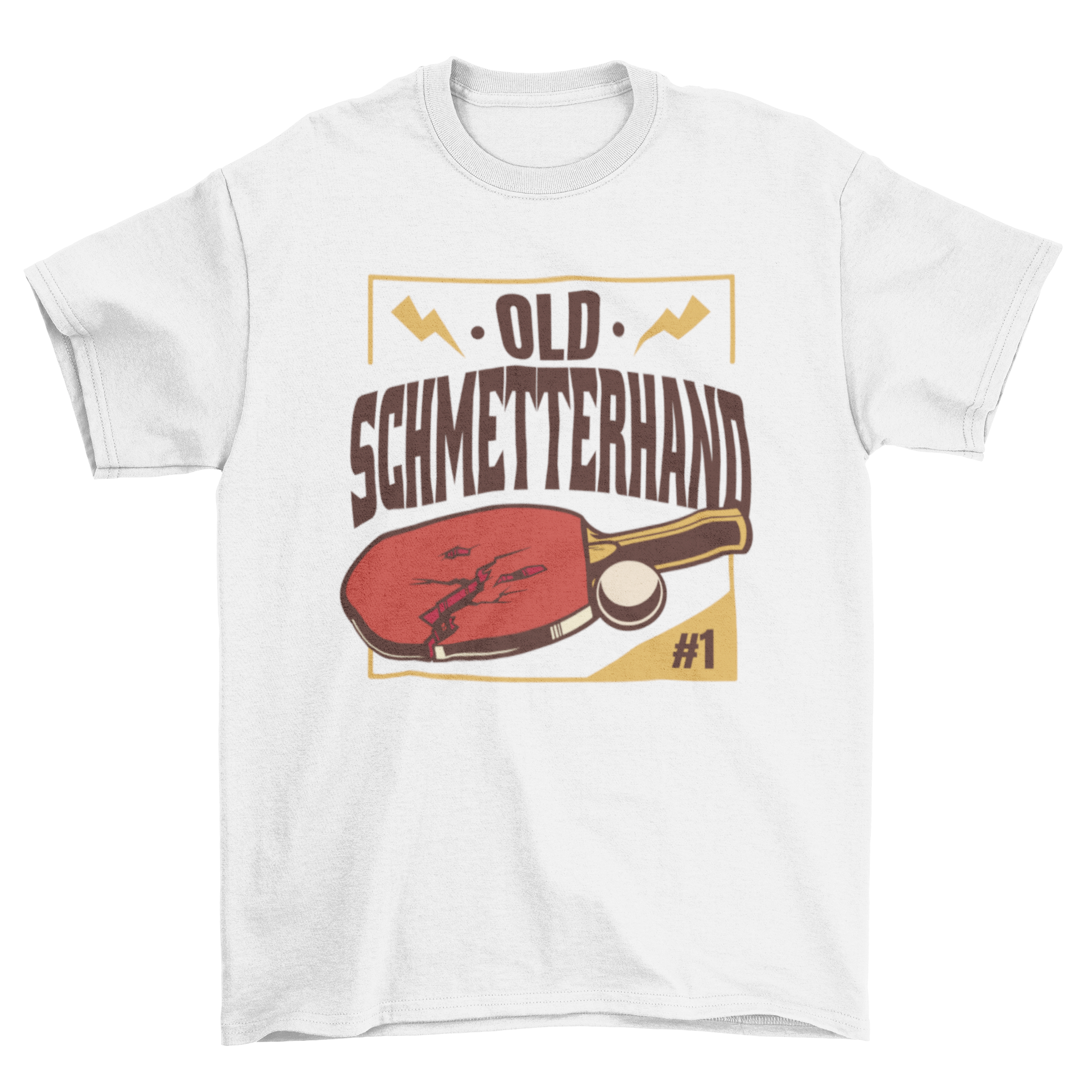 A stylish t-shirt featuring a broken ping pong paddle graphic and the quote 'Old schmetterhand', perfect for ping pong enthusiasts.