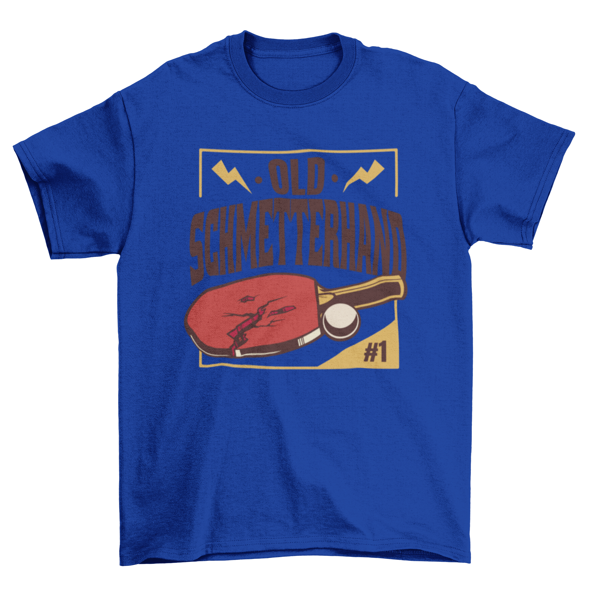 A stylish t-shirt featuring a broken ping pong paddle graphic and the quote 'Old schmetterhand', perfect for ping pong enthusiasts.