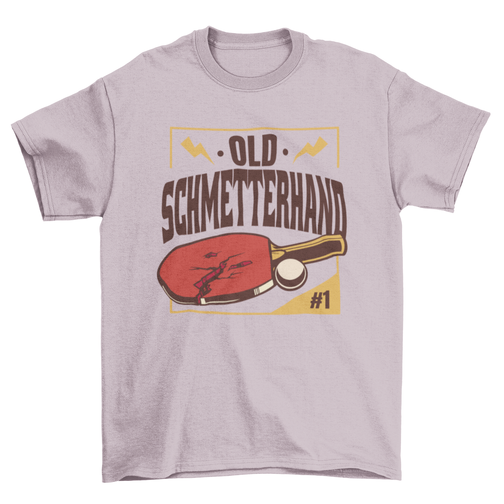A stylish t-shirt featuring a broken ping pong paddle graphic and the quote 'Old schmetterhand', perfect for ping pong enthusiasts.