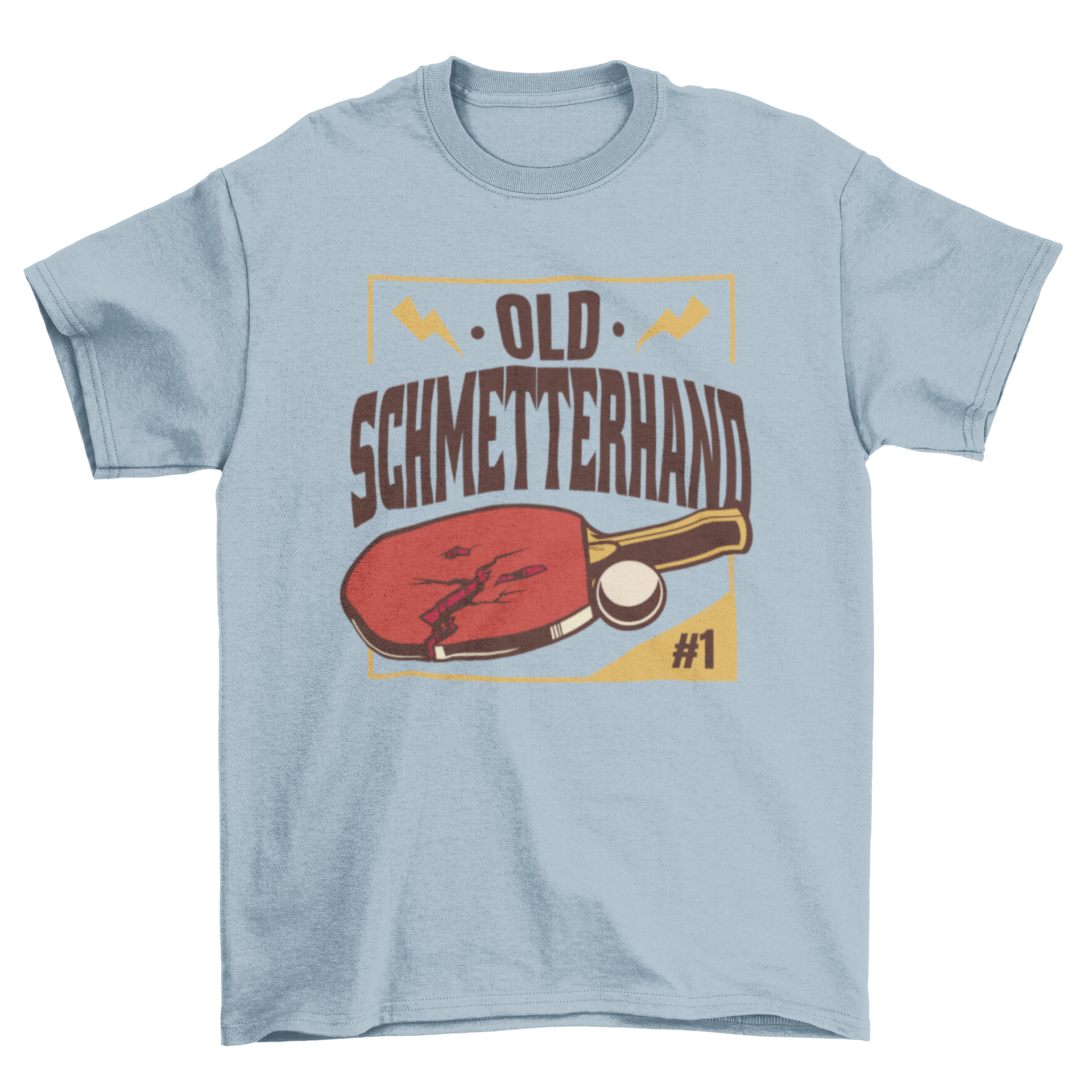 A stylish t-shirt featuring a broken ping pong paddle graphic and the quote 'Old schmetterhand', perfect for ping pong enthusiasts.