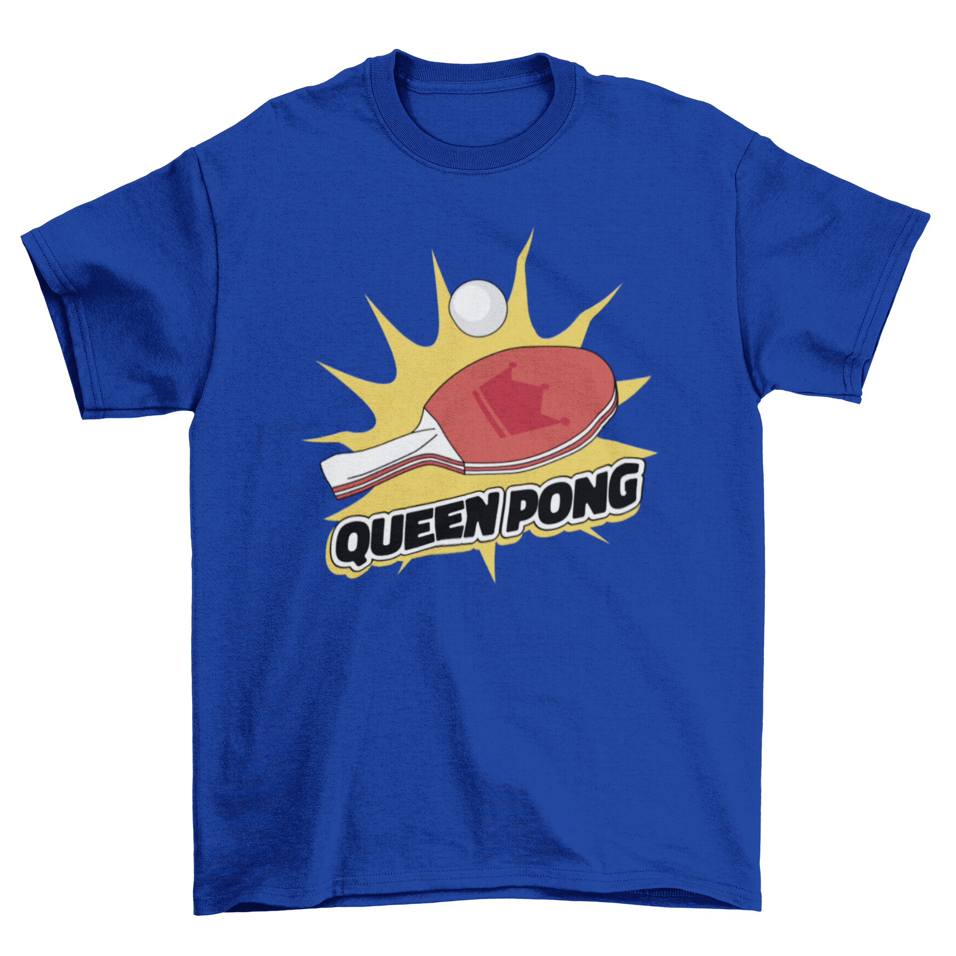 Ping Pong Queen T-Shirt featuring a ping pong racket and the quote 'Queen pong' in a stylish design.