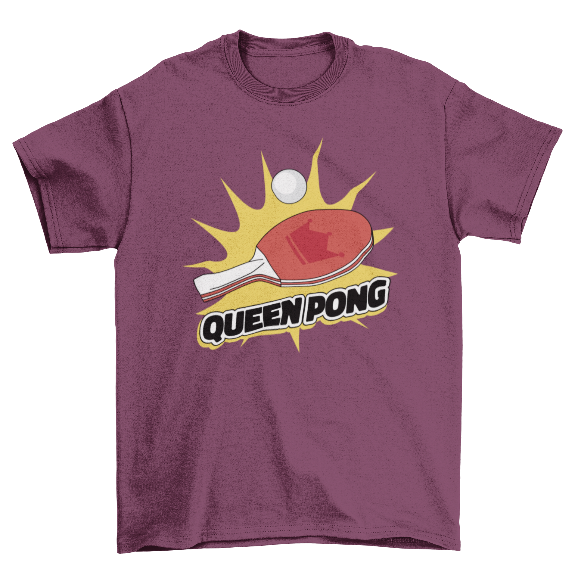 Ping Pong Queen T-Shirt featuring a ping pong racket and the quote 'Queen pong' in a stylish design.