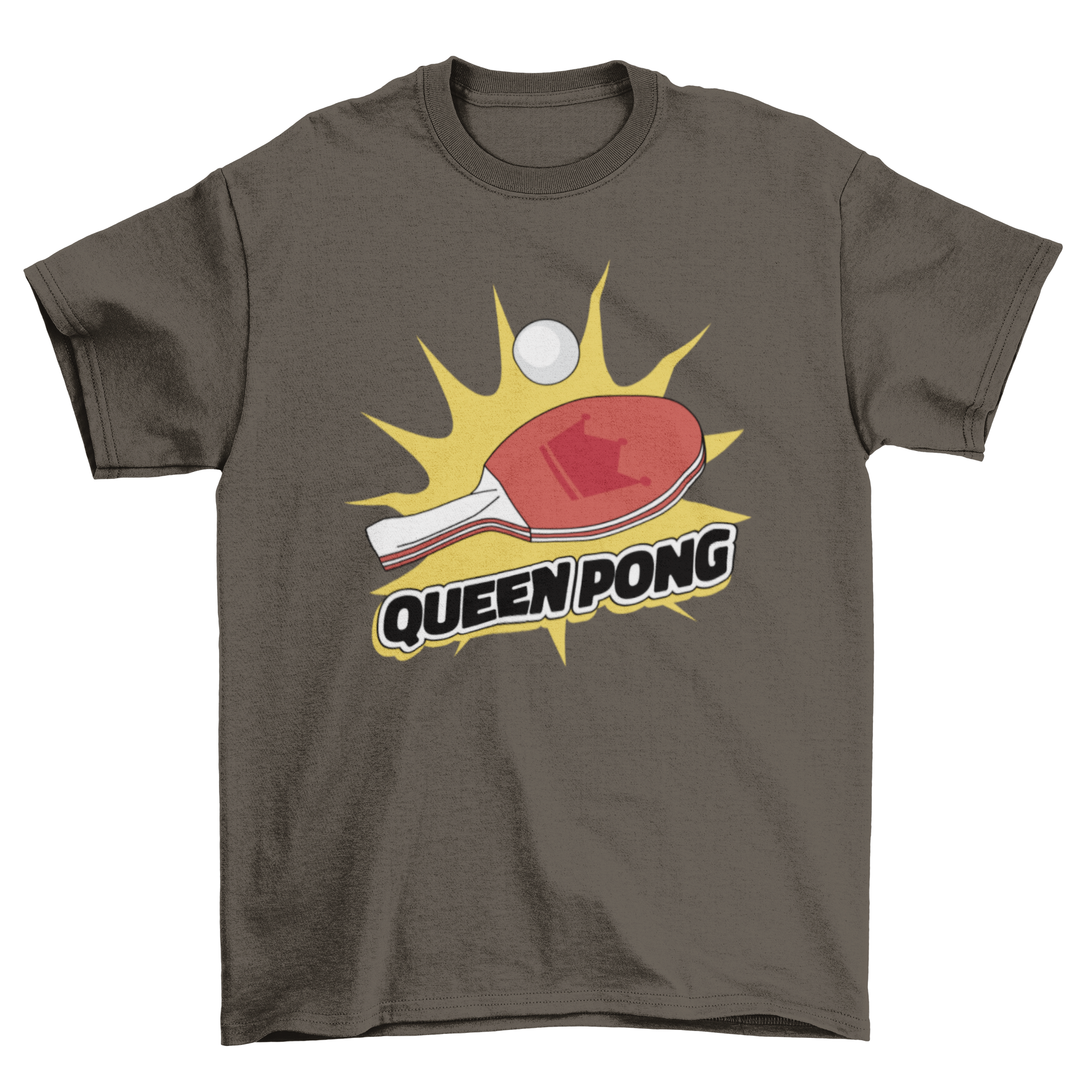 Ping Pong Queen T-Shirt featuring a ping pong racket and the quote 'Queen pong' in a stylish design.