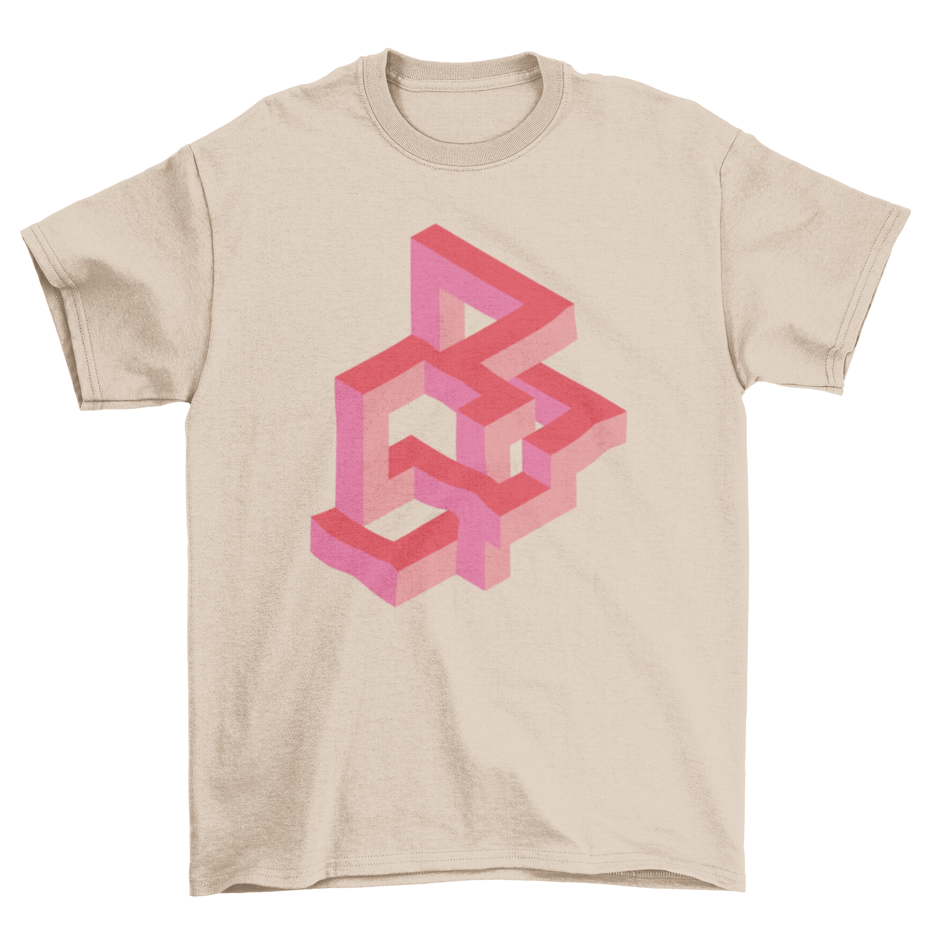 A vibrant pink t-shirt featuring a 3D optical illusion design with geometric shapes, perfect for casual wear.