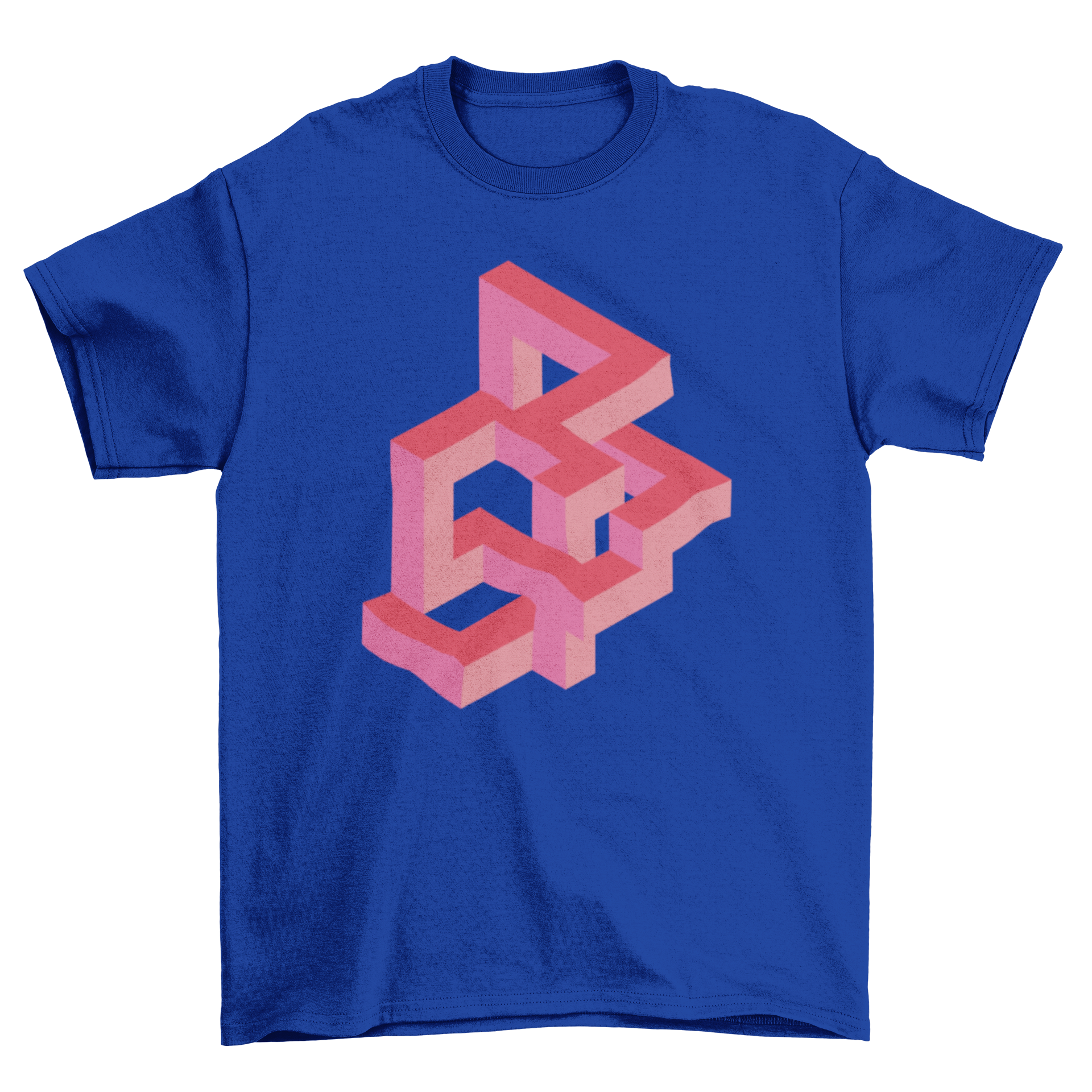 A vibrant pink t-shirt featuring a 3D optical illusion design with geometric shapes, perfect for casual wear.